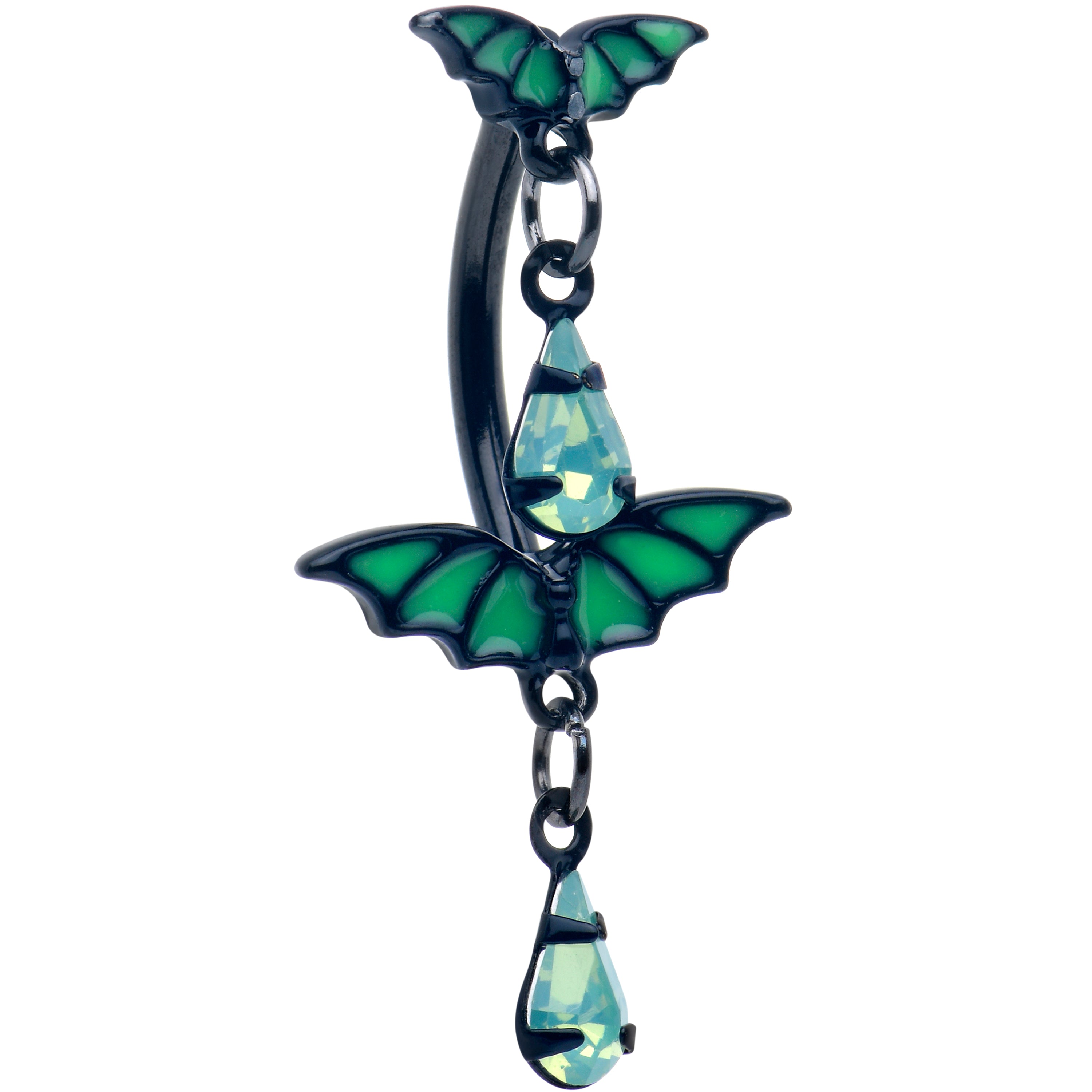 Black Green Bat Wings Dangle Double Mount Belly Ring