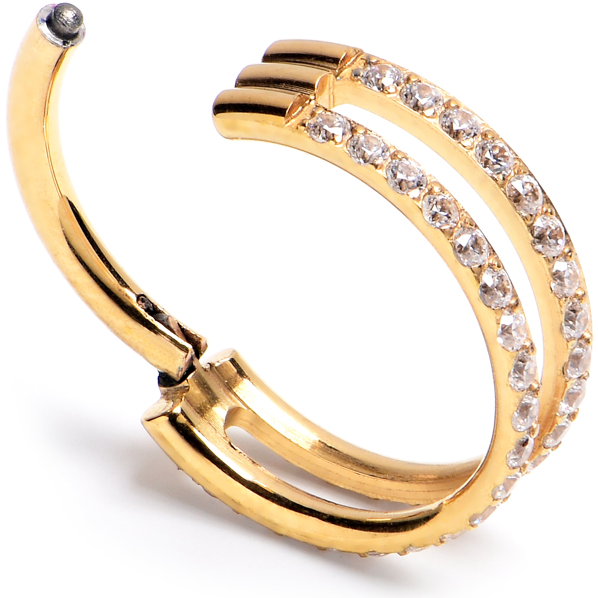 16 Gauge 3/8 Cubic Zirconia Gold PVD ASTM F-136 Implant Grade Titanium Double Hinged Segment Ring