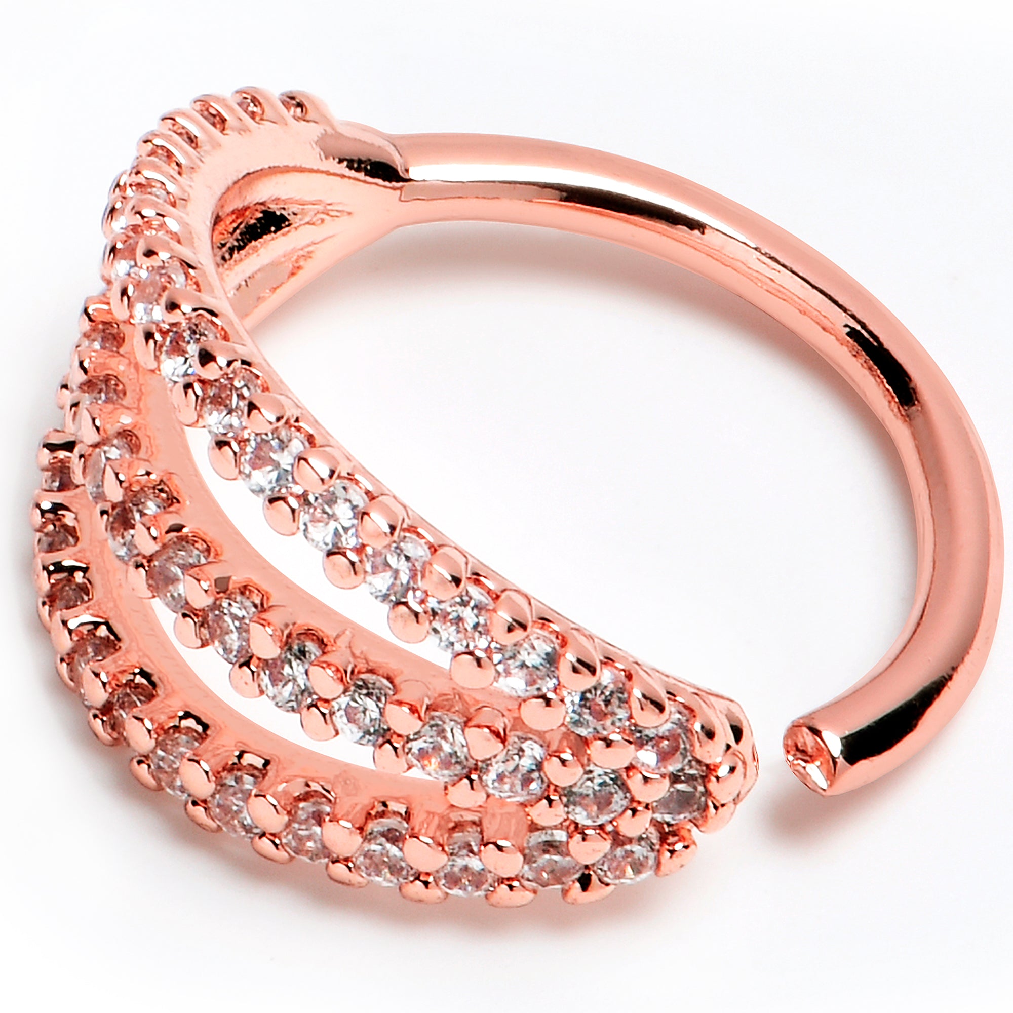 18 Gauge 3/8 Clear CZ Gem Rose Gold Tone Faux Triple Hoop Closure Ring