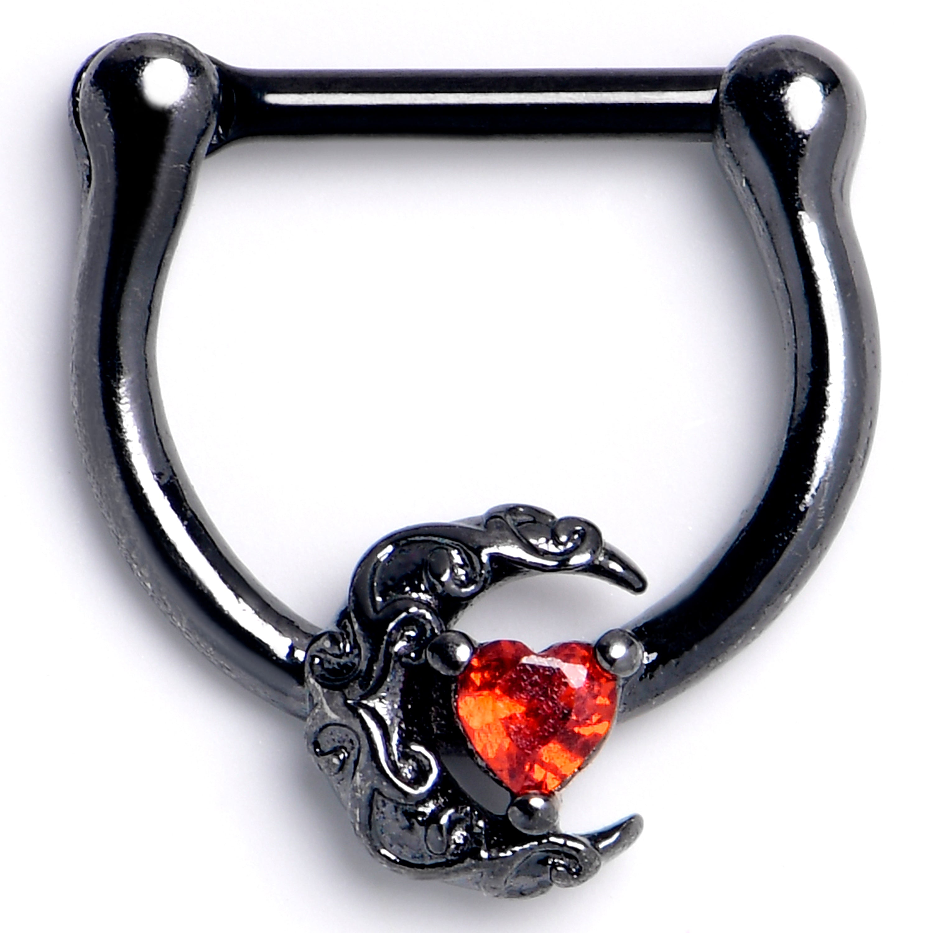 16 Gauge 5/16 Red CZ Gem Black Scroll Moon Heart Cartilage Clicker