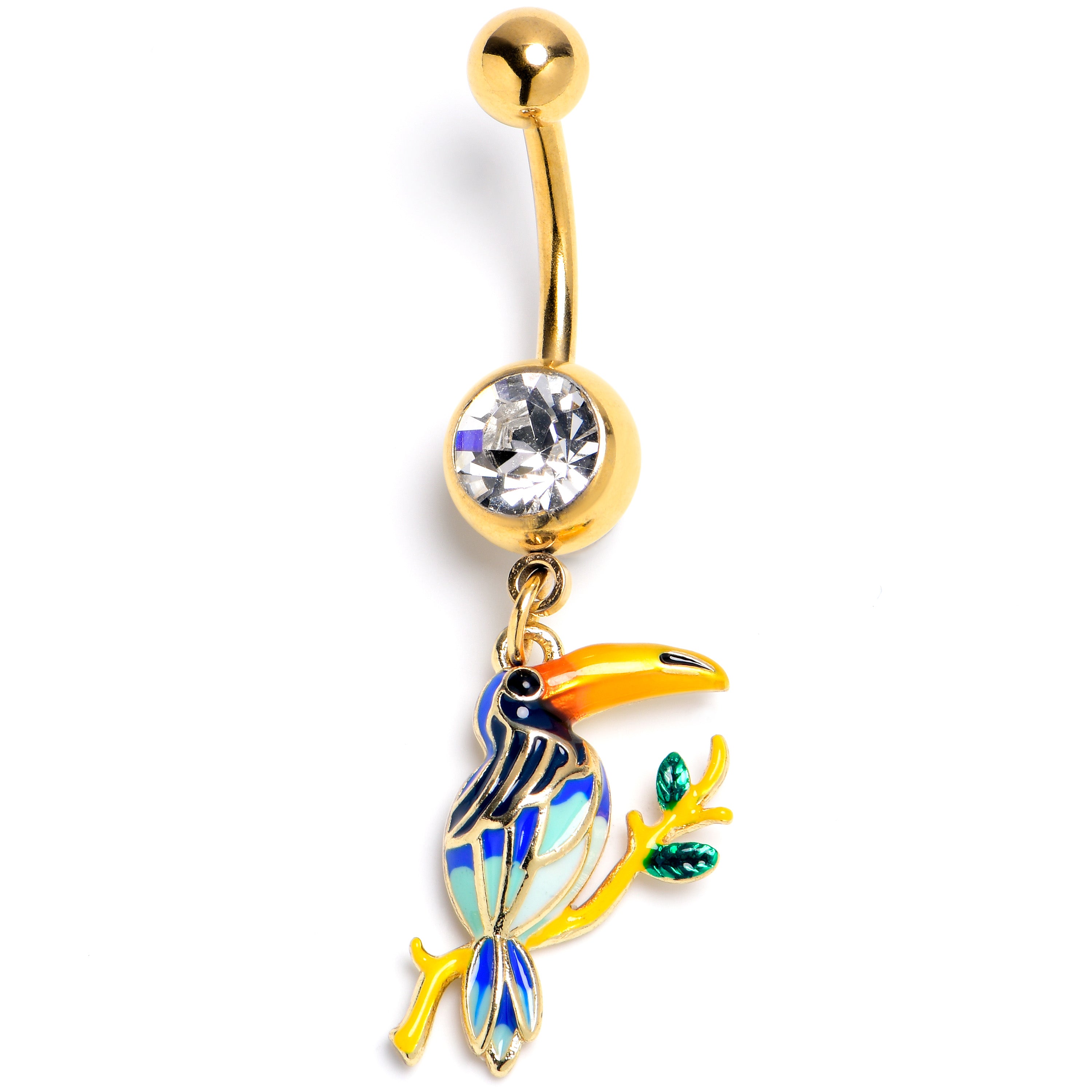 Clear Green Gem Gold Tone Tropical Toucan Dangle Belly Ring