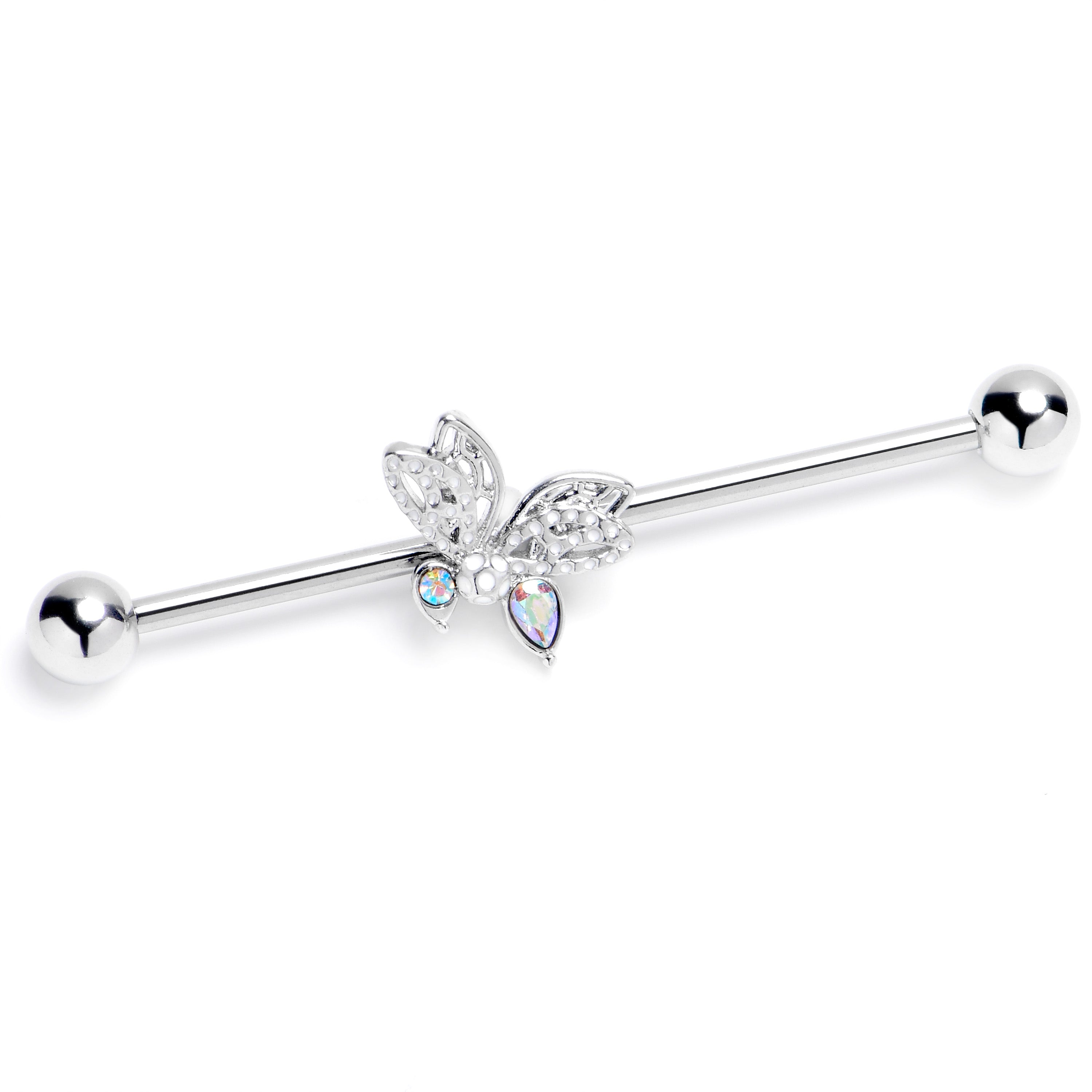 14 Gauge Clear Aurora Gem Ultra Drama Butterfly Industrial Barbell 38mm