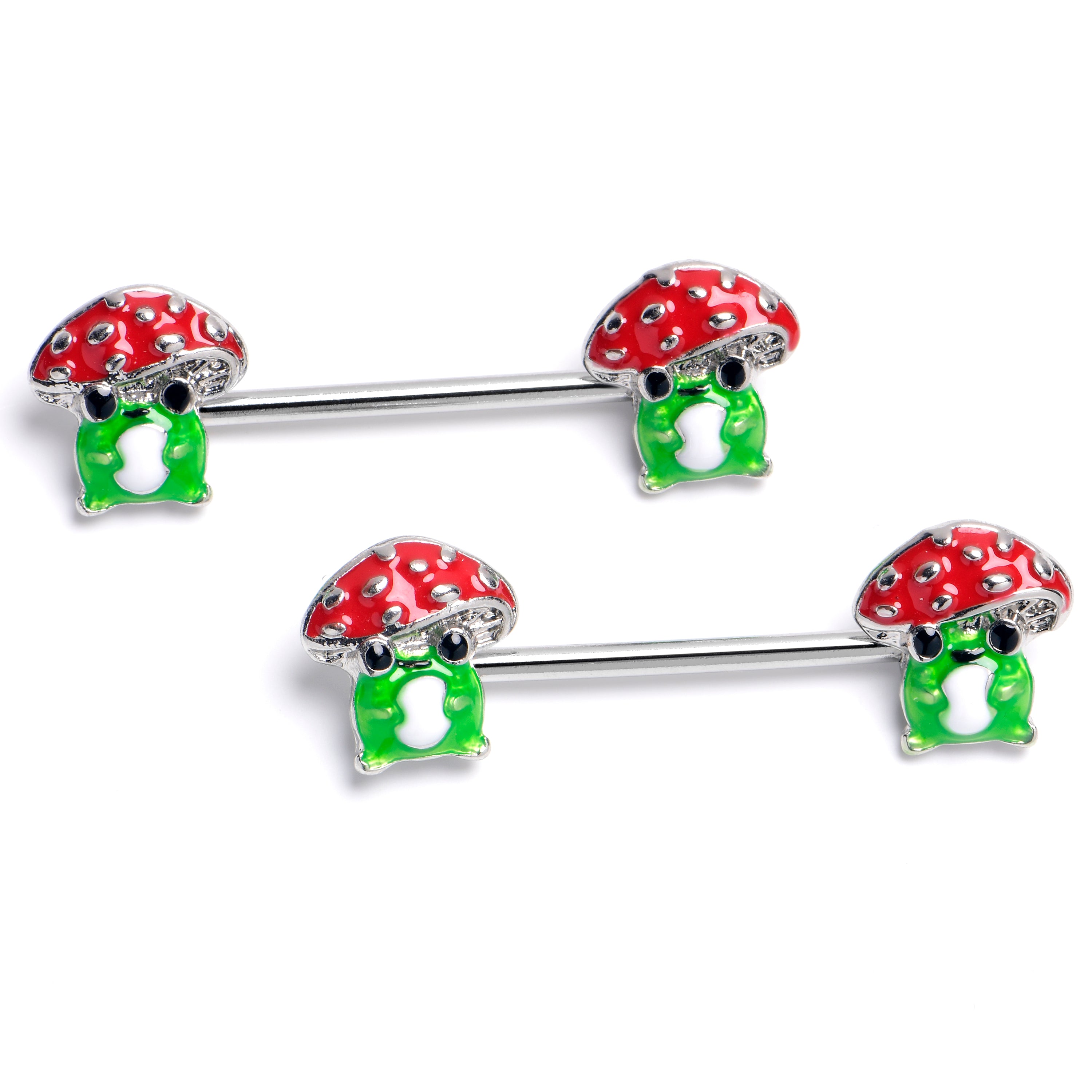 14 Gauge 9/16 Happy Mushrooms Green Red Barbell Nipple Ring Set