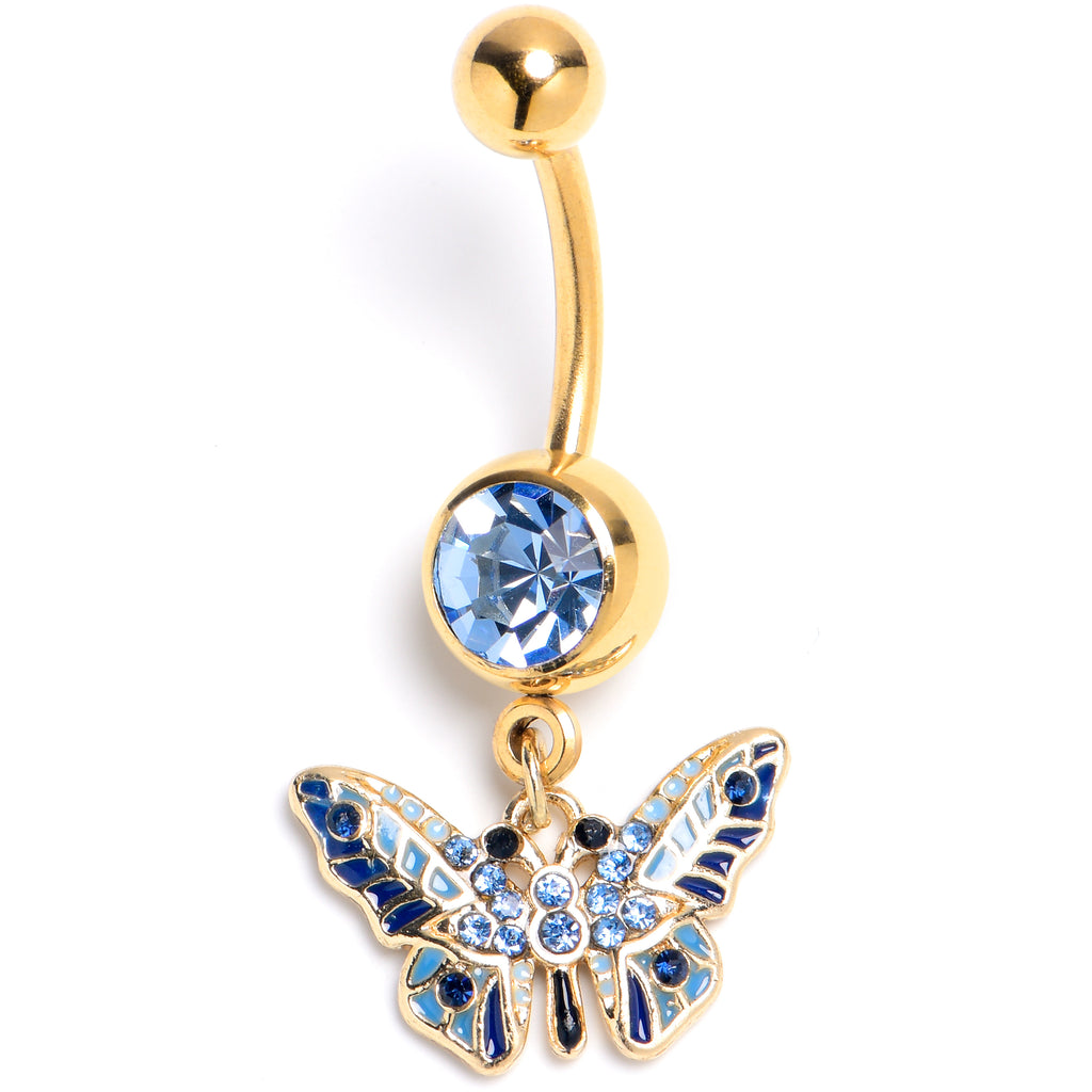 Blue Gem Gold Tone Evening Butterfly Dangle Belly Ring