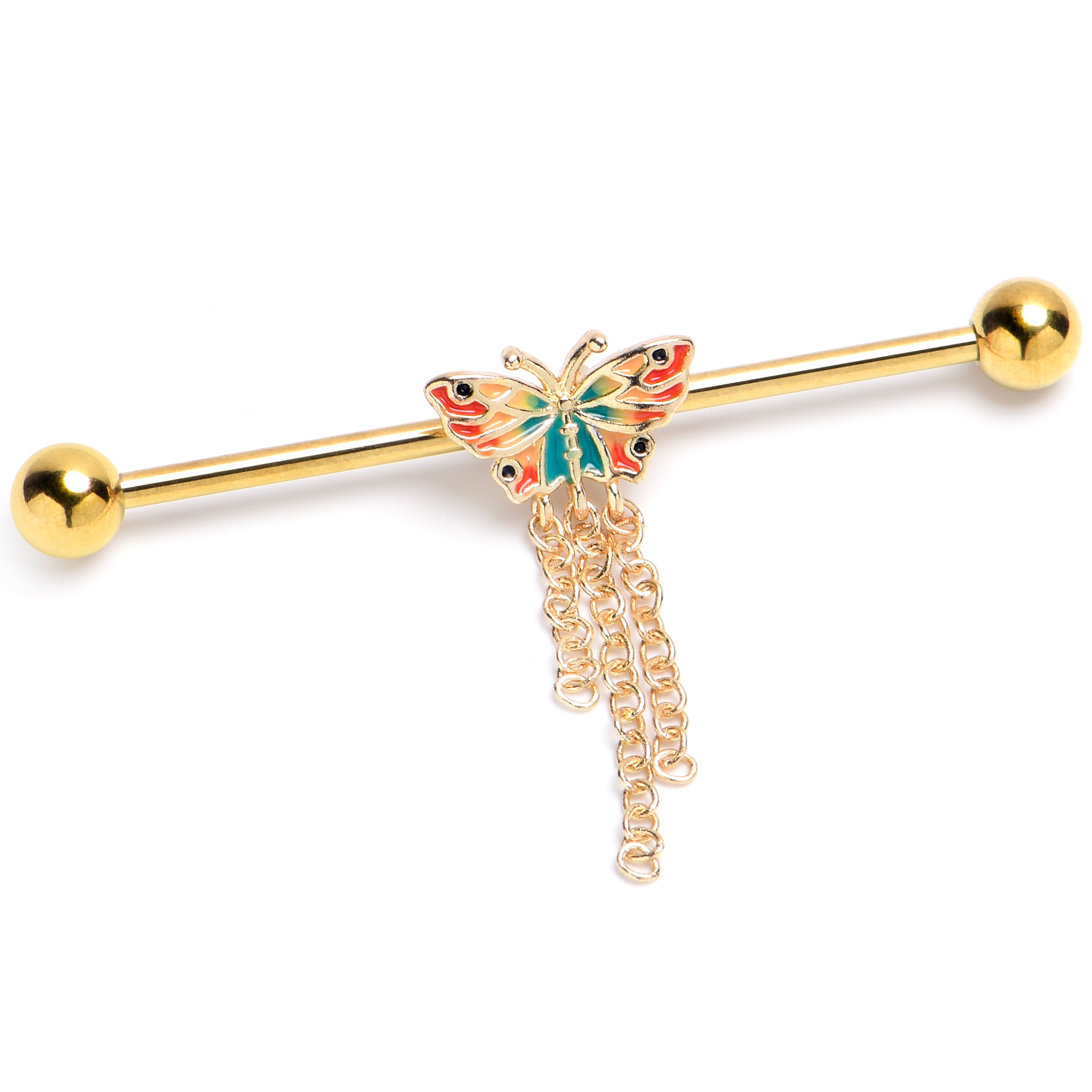 14 Gauge Gold Tone Sunrise Butterfly Dangle Industrial Barbell 38mm