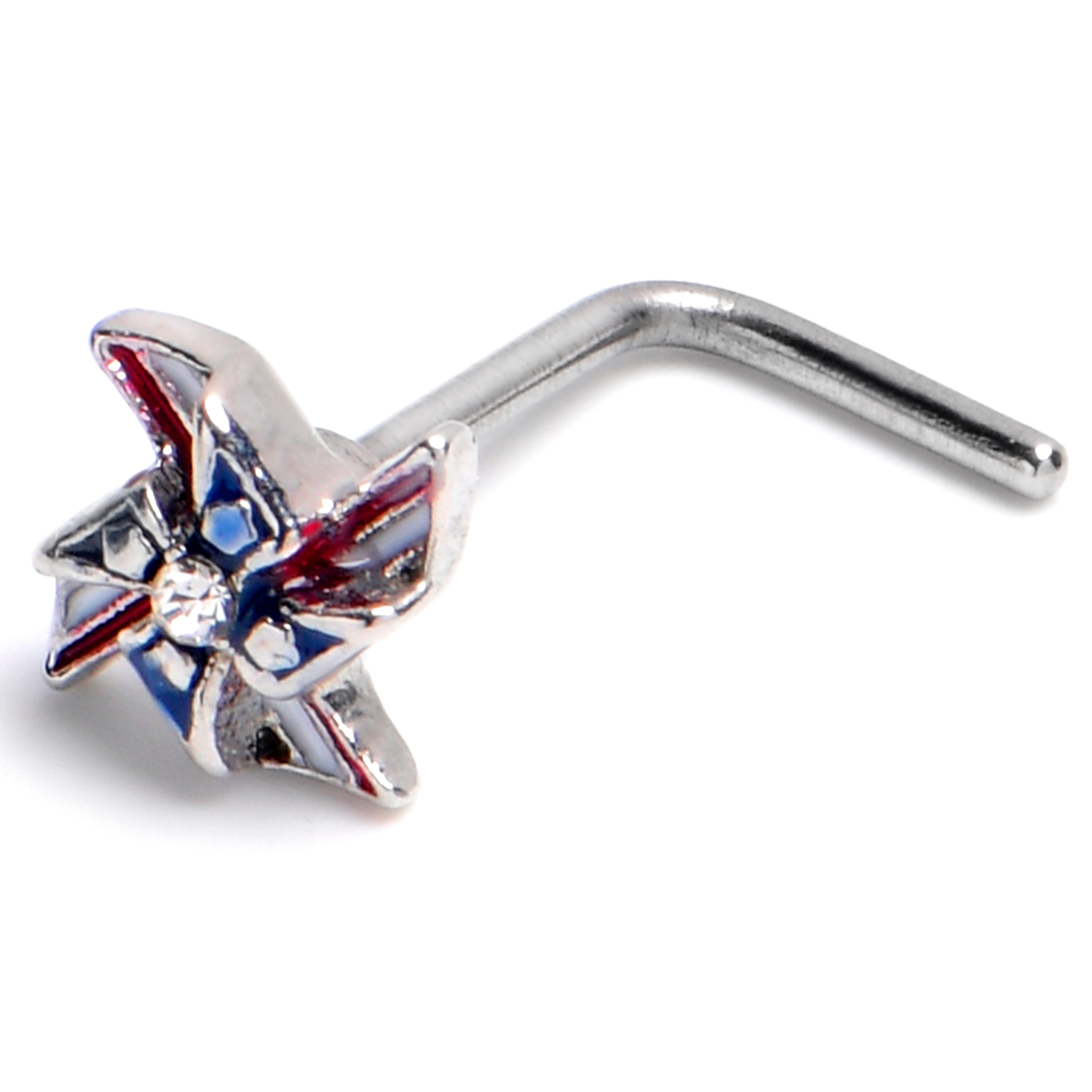 20 Gauge 7mm Clear Gem Festive Patriot Pinwheel L Shape Nose Ring