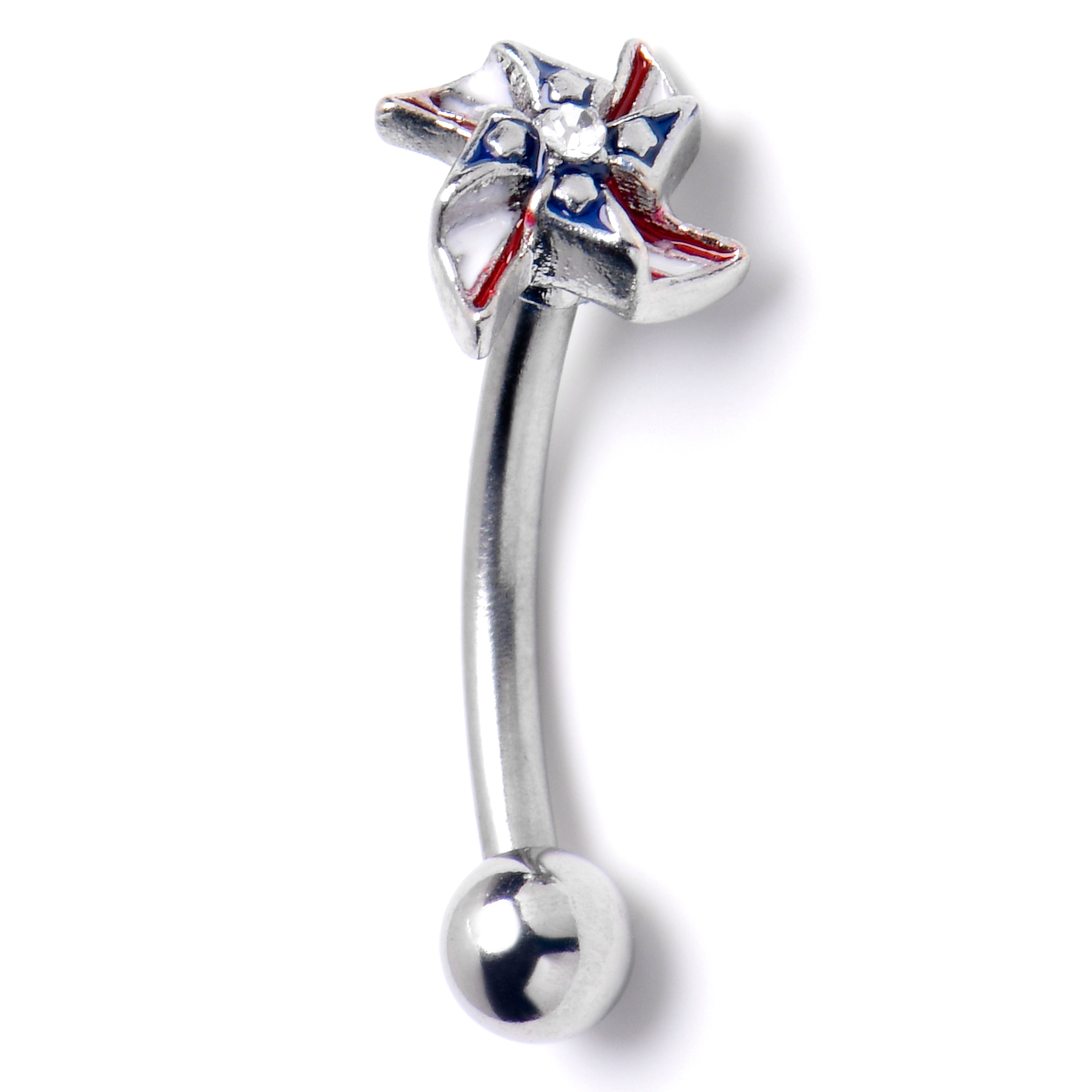 16 Gauge 5/16 Clear Gem Festive Patriot Pinwheel Curved Eyebrow Ring