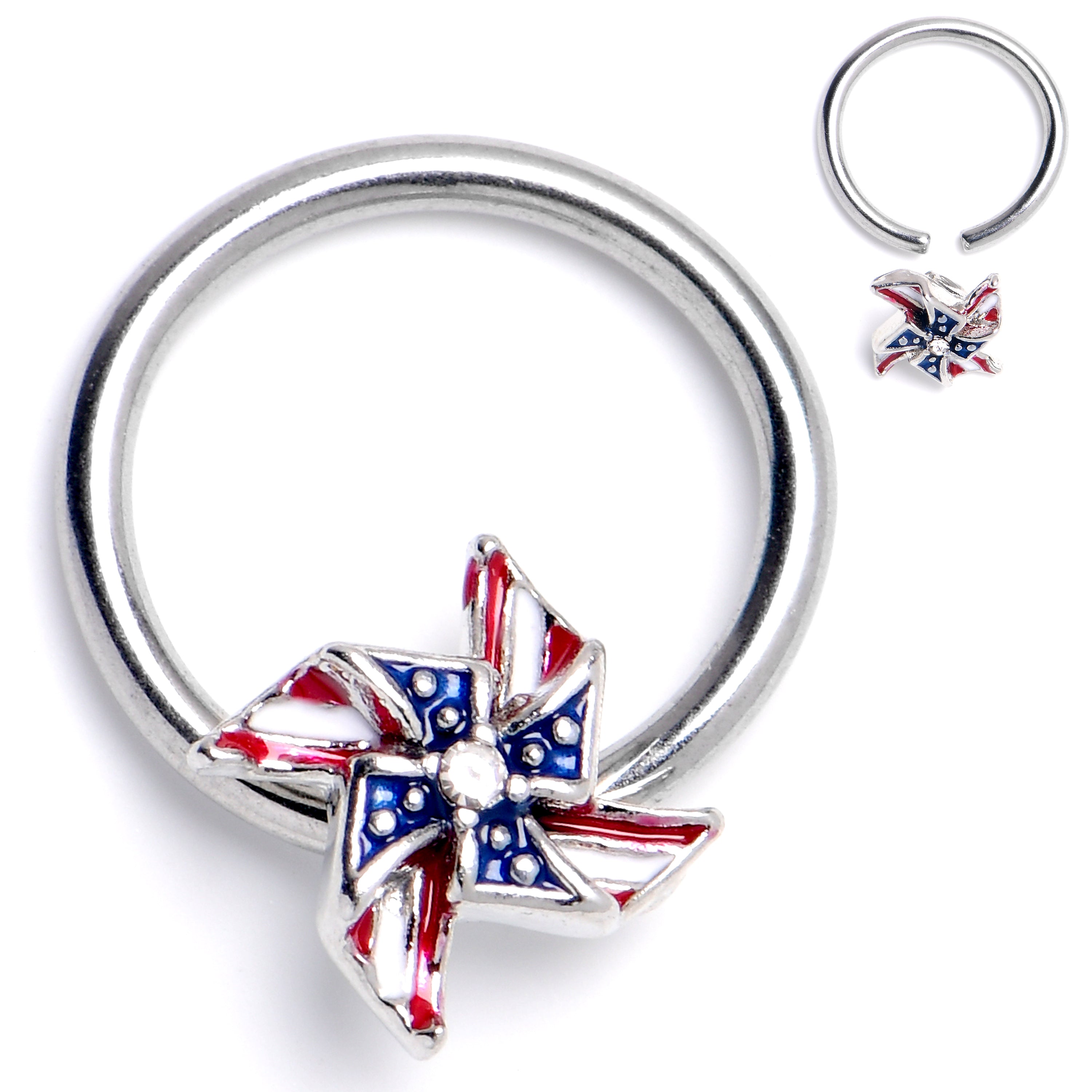 16 Gauge 3/8 Clear Gem Festive Patriot Pinwheel BCR Captive Ring