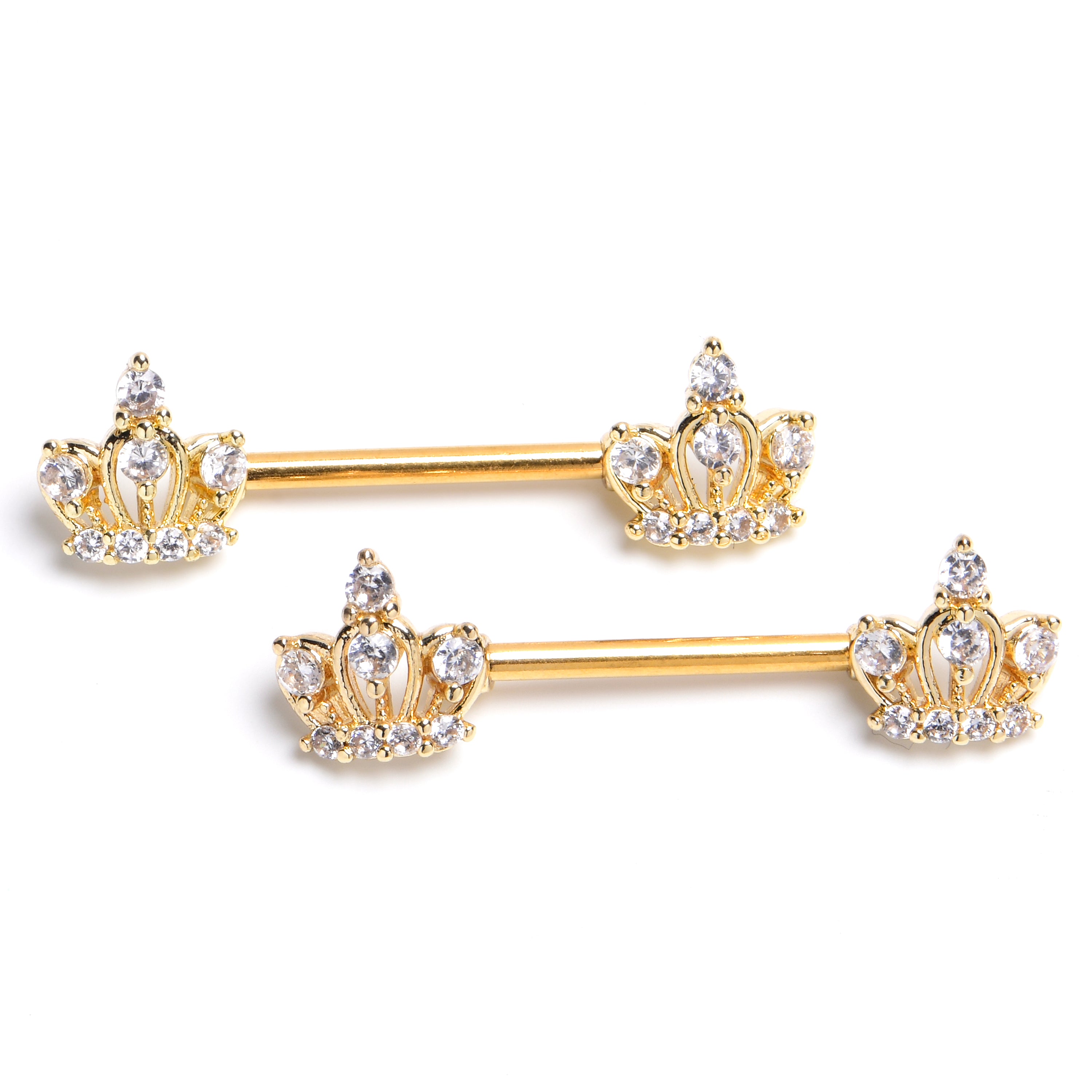 14 Gauge 9/16 Clear Gem Gold Tone Epic Crown Barbell Nipple Ring Set