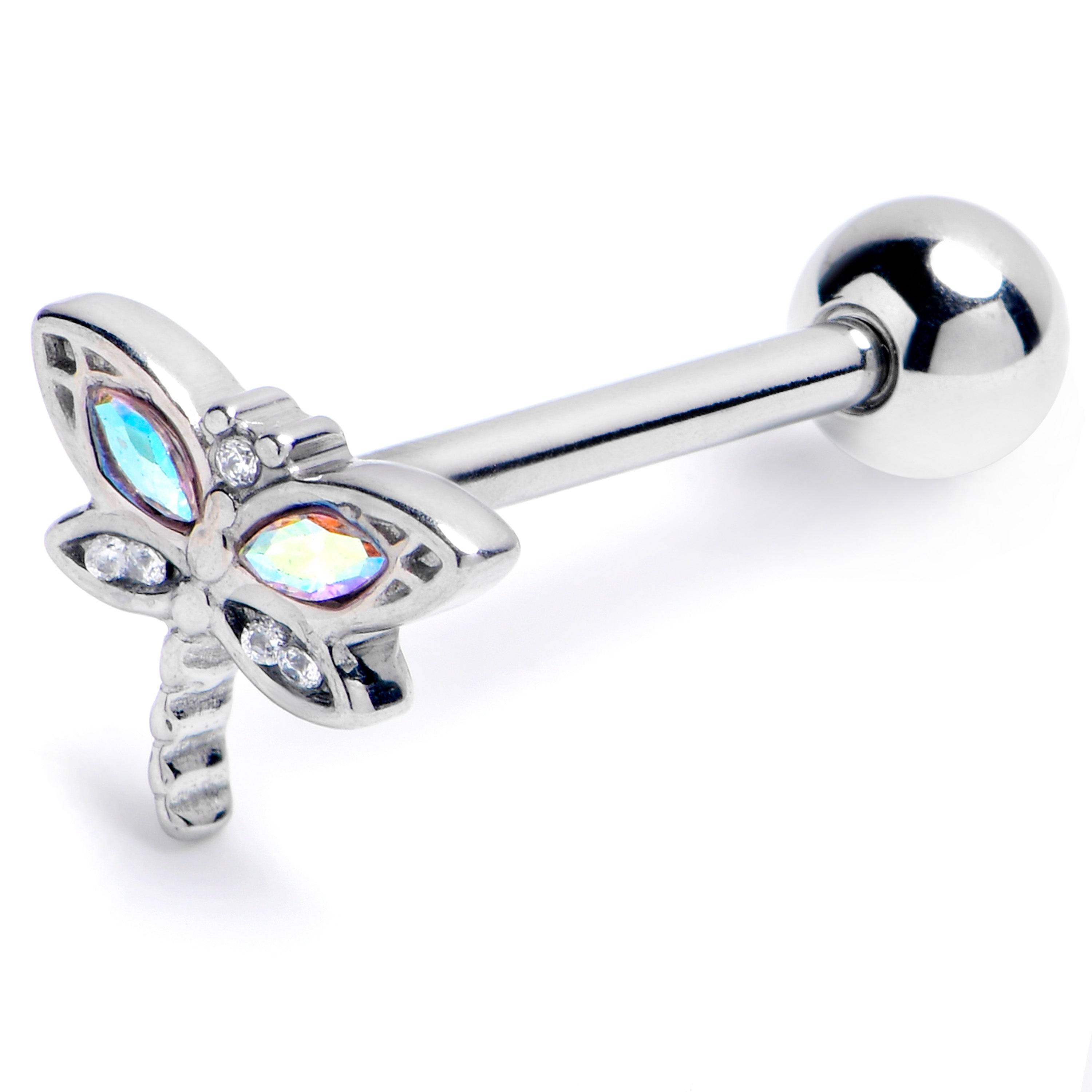 Clear Aurora CZ Gem Understated Dragonfly Barbell Tongue Ring