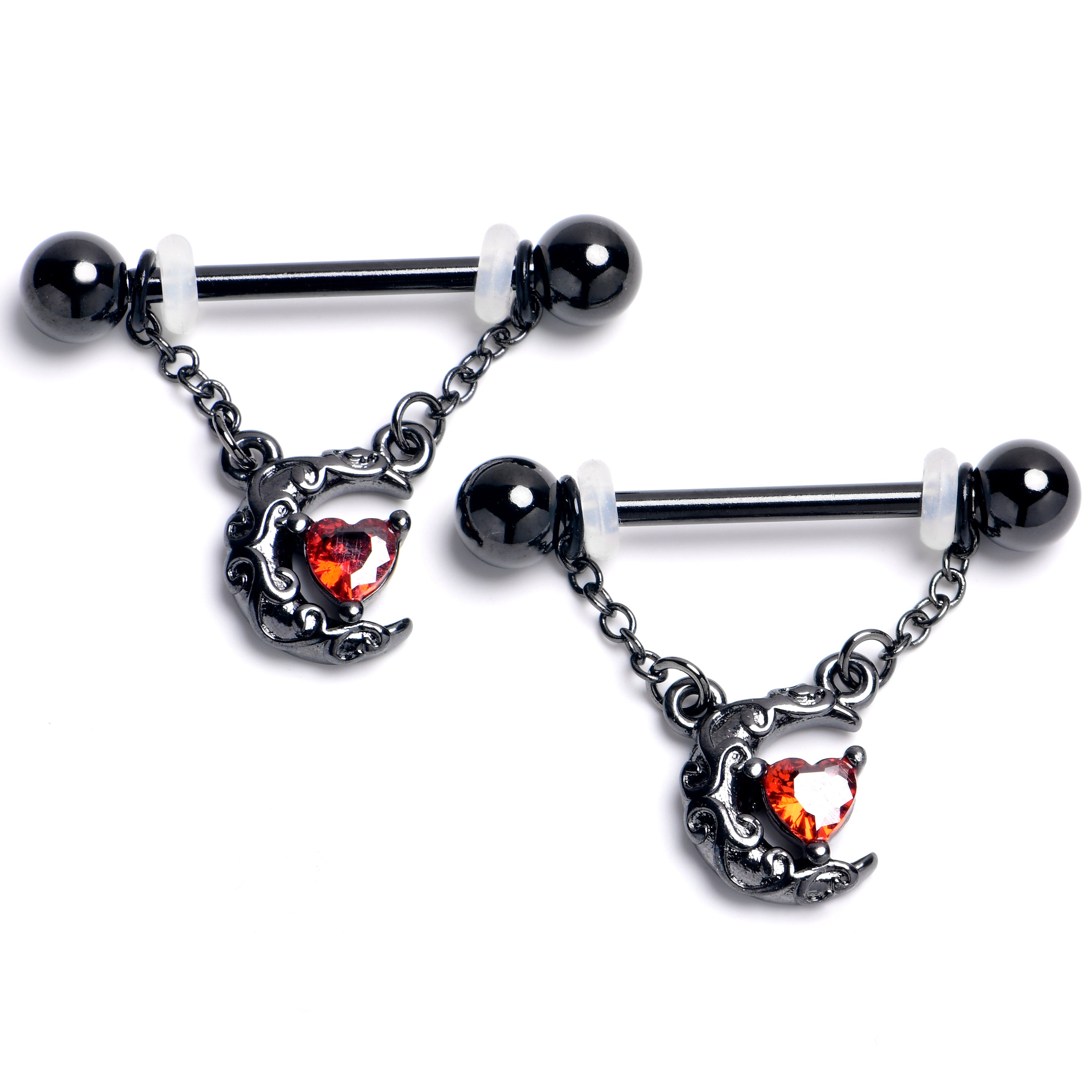 14 Gauge 9/16 Red Gem Black Scroll Moon Chain Dangle Nipple Ring Set