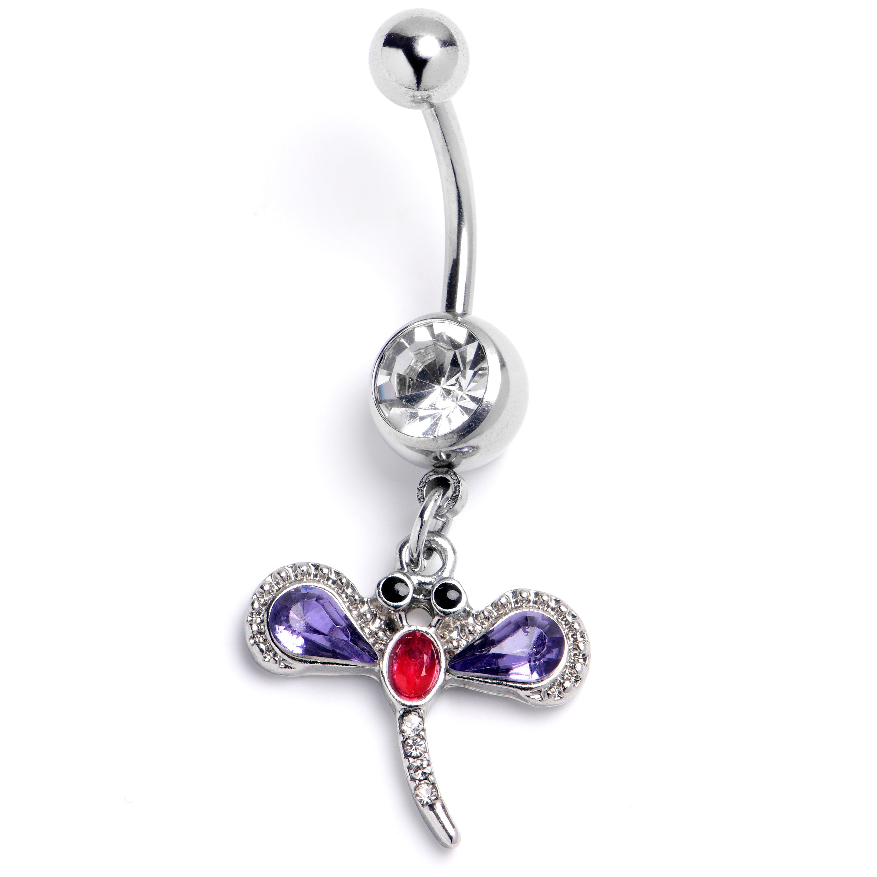 Clear Purple Gem Embellished Dragonfly Dangle Belly Ring