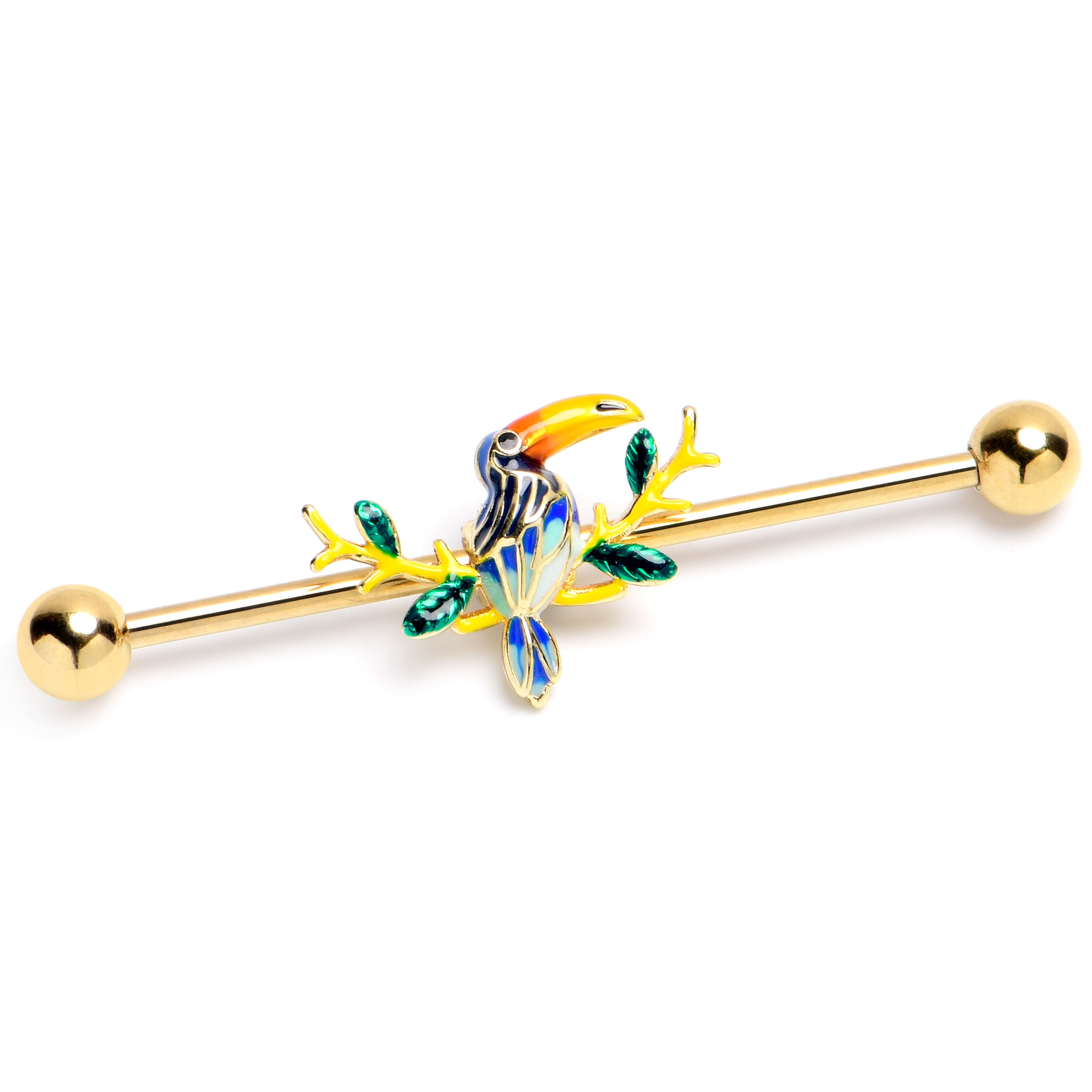 14 Gauge Green Gem Gold Tone Tropical Toucan Industrial Barbell 38mm