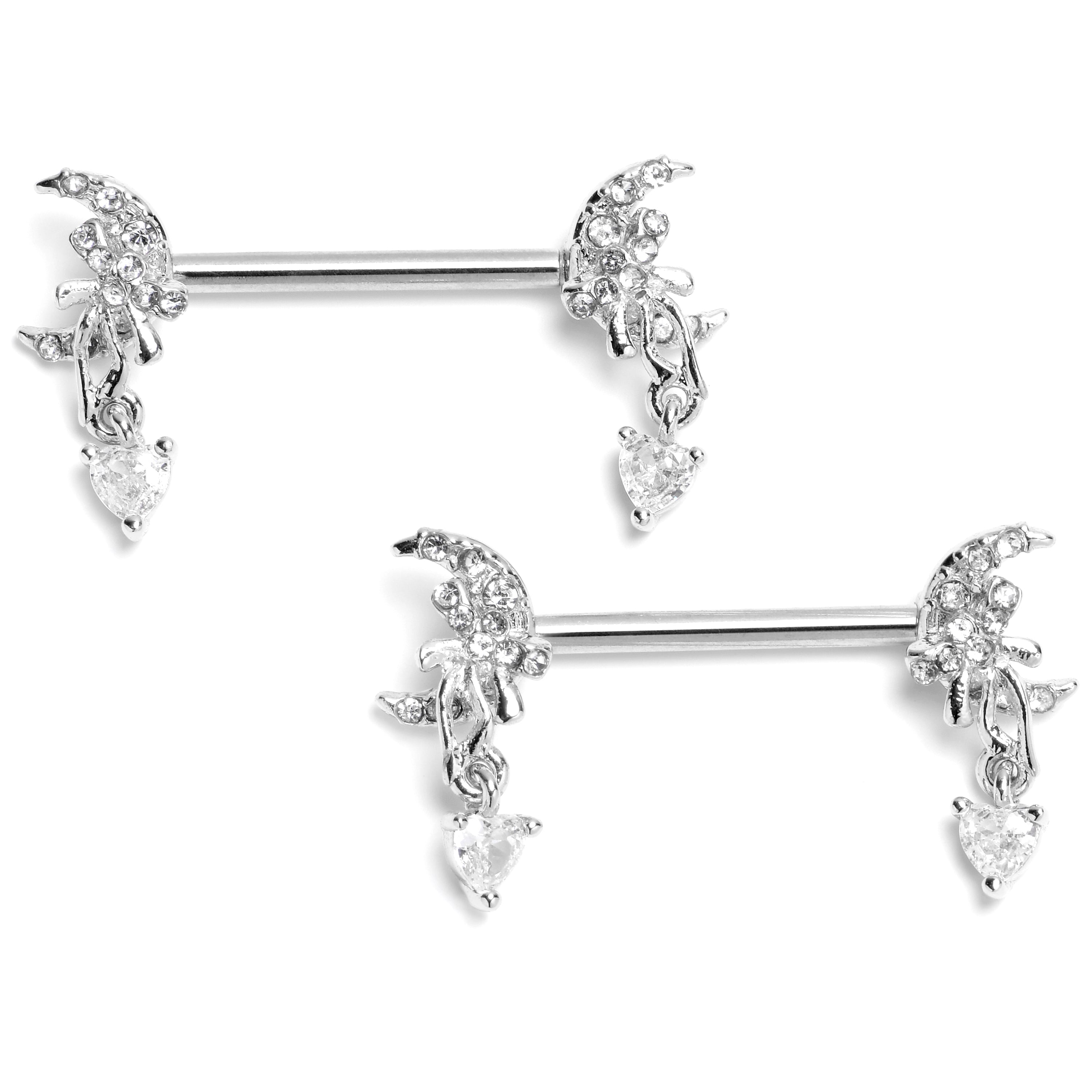 14 Gauge 9/16 Clear CZ Gem Moon Bow Heart Dangle Nipple Ring Set