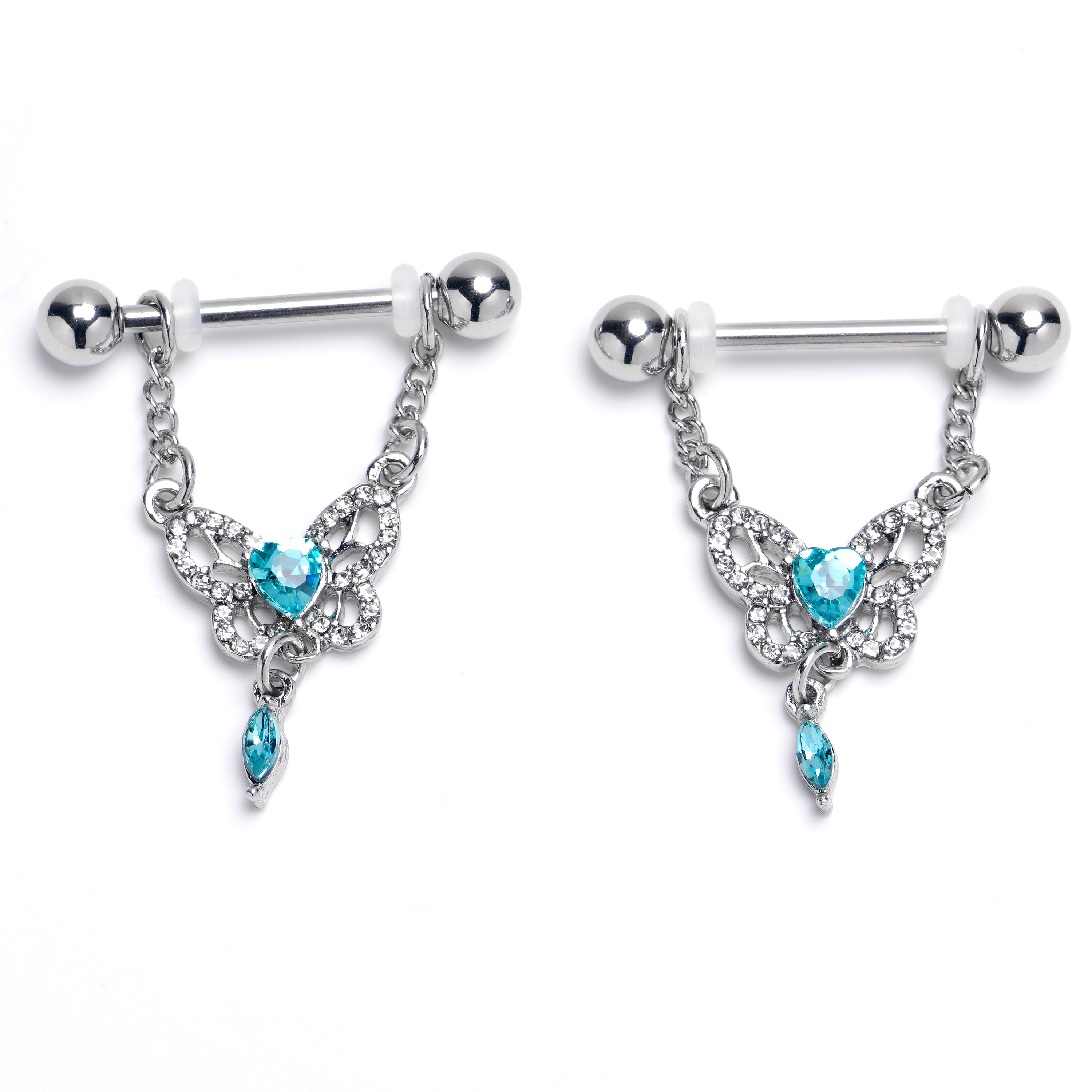 14 Gauge 9/16 Clear Blue Gem Whimsical Butterfly Dangle Nipple Ring Set