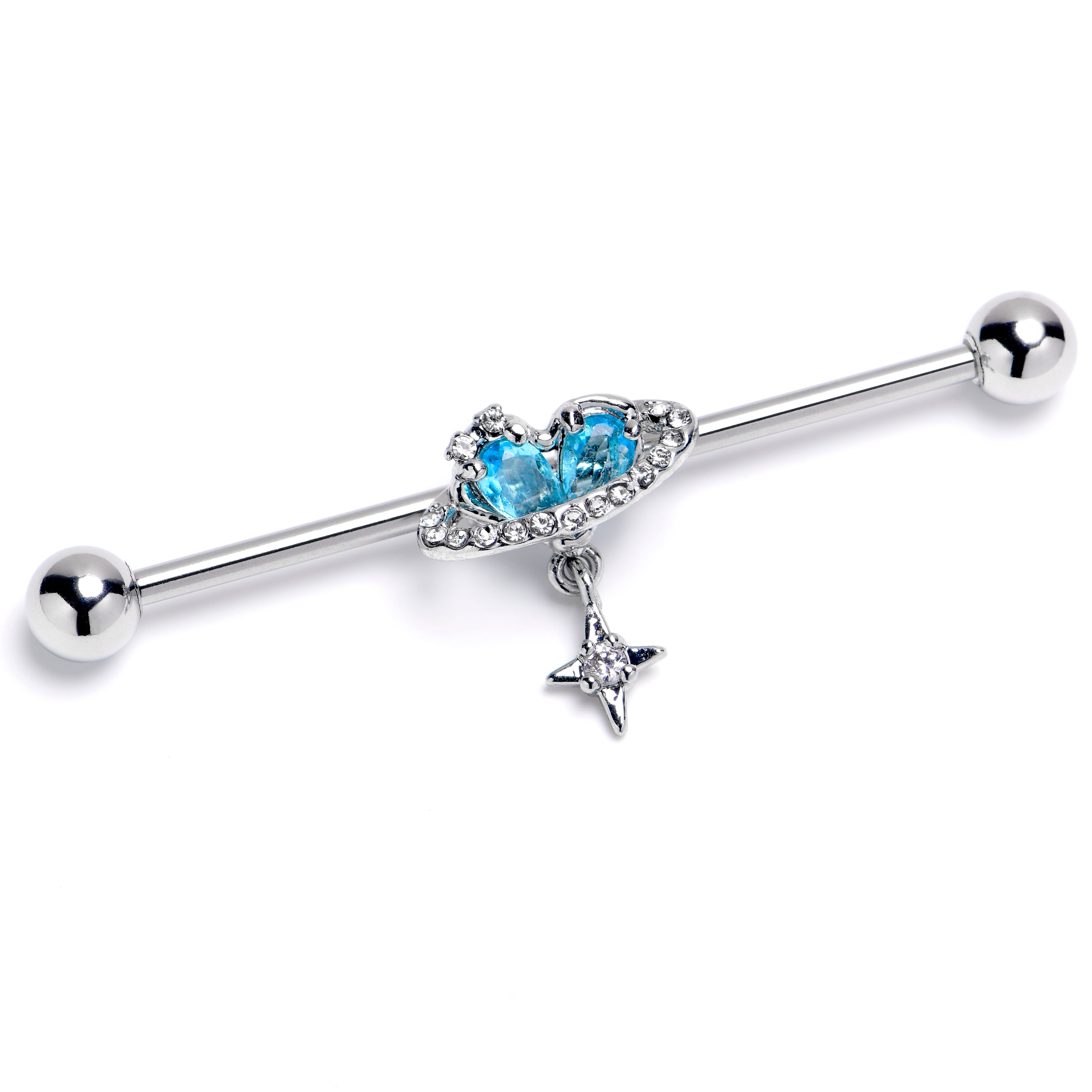 14 Gauge Blue Clear CZ Gem Starry Heart Dangle Industrial Barbell 38mm