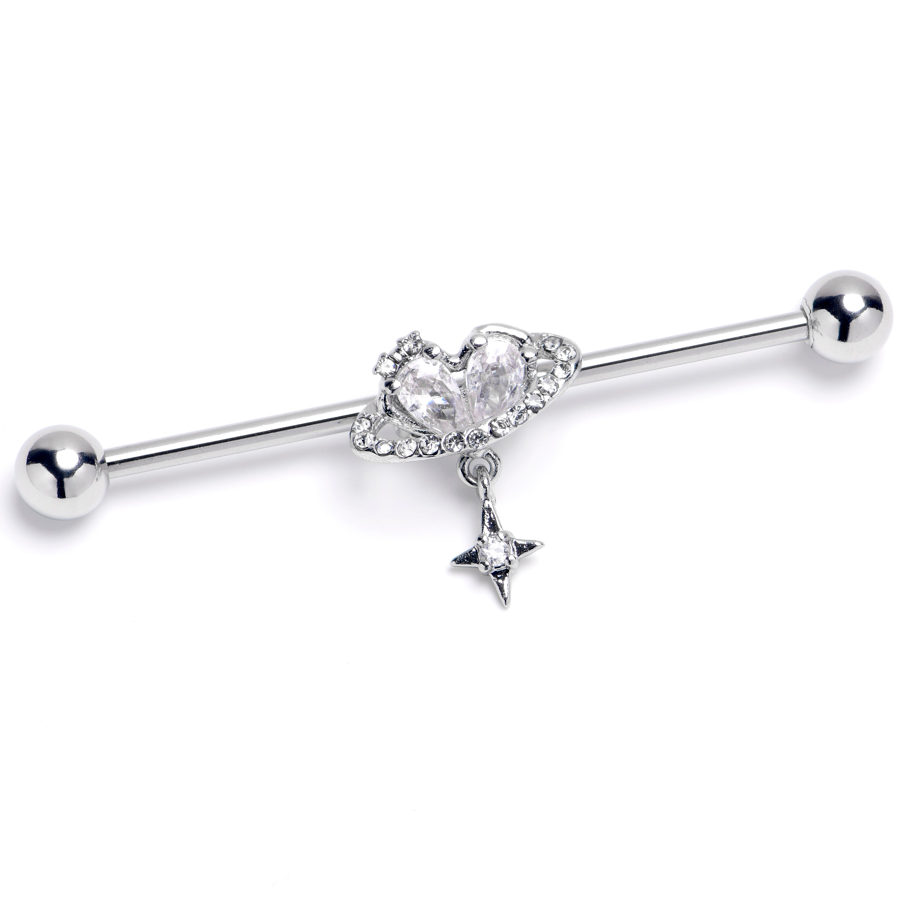 14 Gauge Clear CZ Gem Starry Heart Dangle Industrial Barbell 38mm