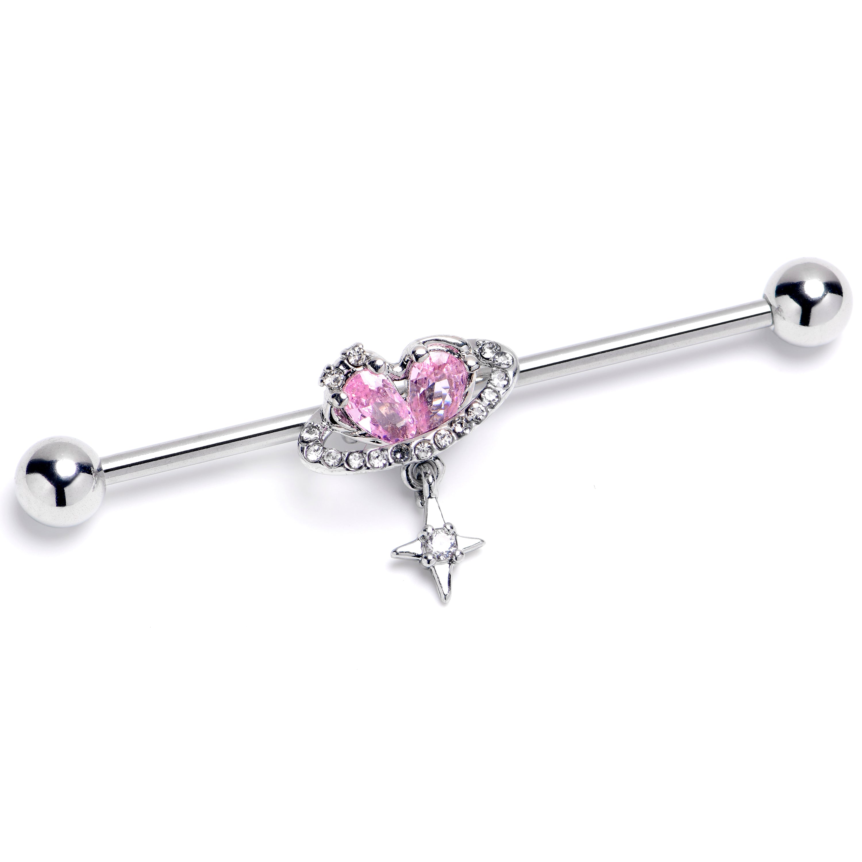 14 Gauge Pink Clear CZ Gem Starry Heart Dangle Industrial Barbell 38mm