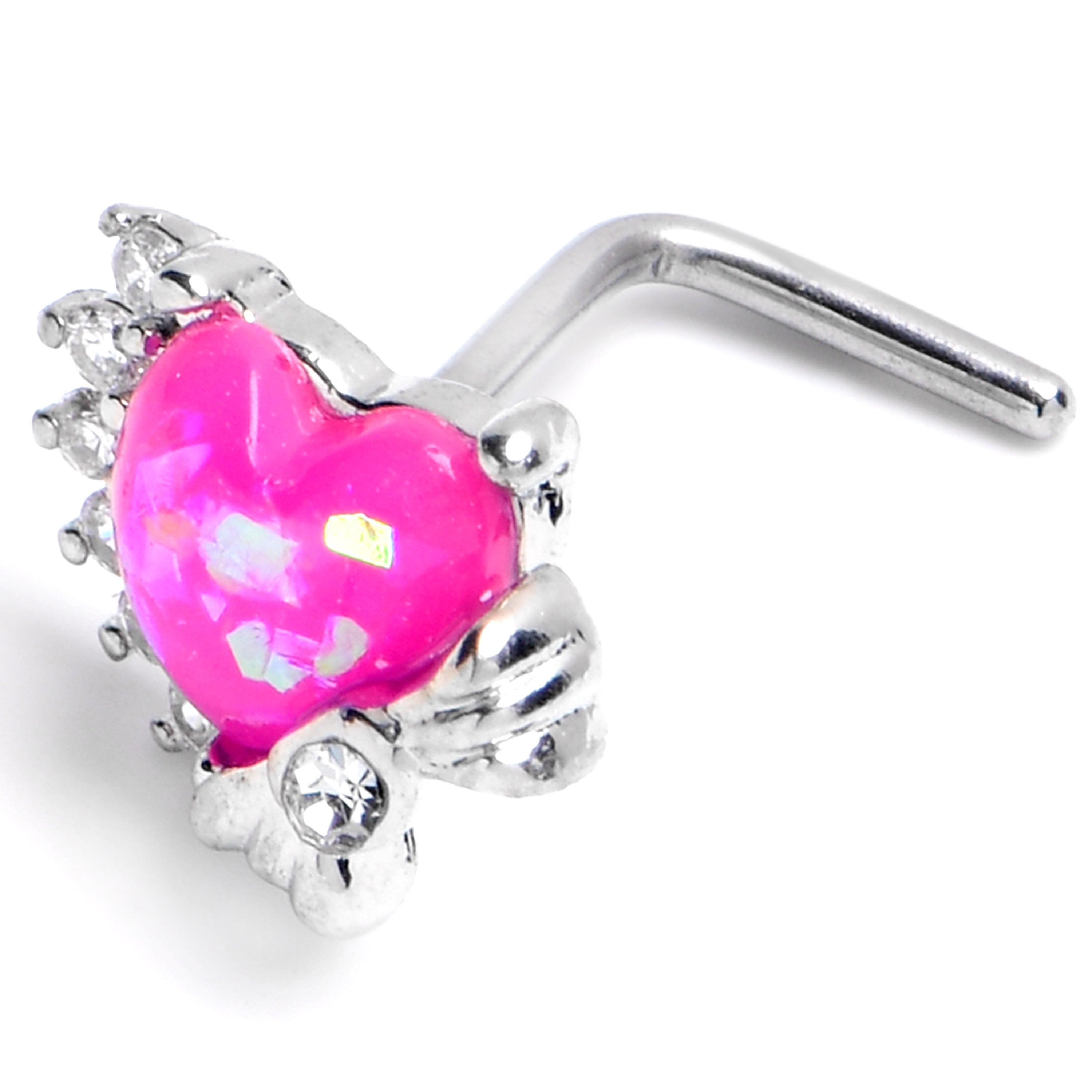 20 Gauge 7mm Pink Faux Opal Sunny Heart L Shape Nose Ring