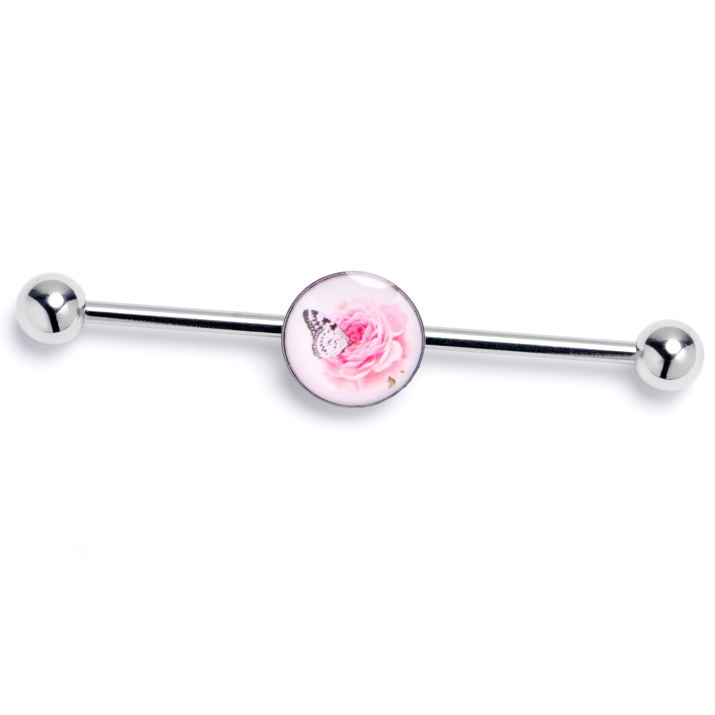 14 Gauge Butterfly Pink Rose Industrial Barbell 38mm