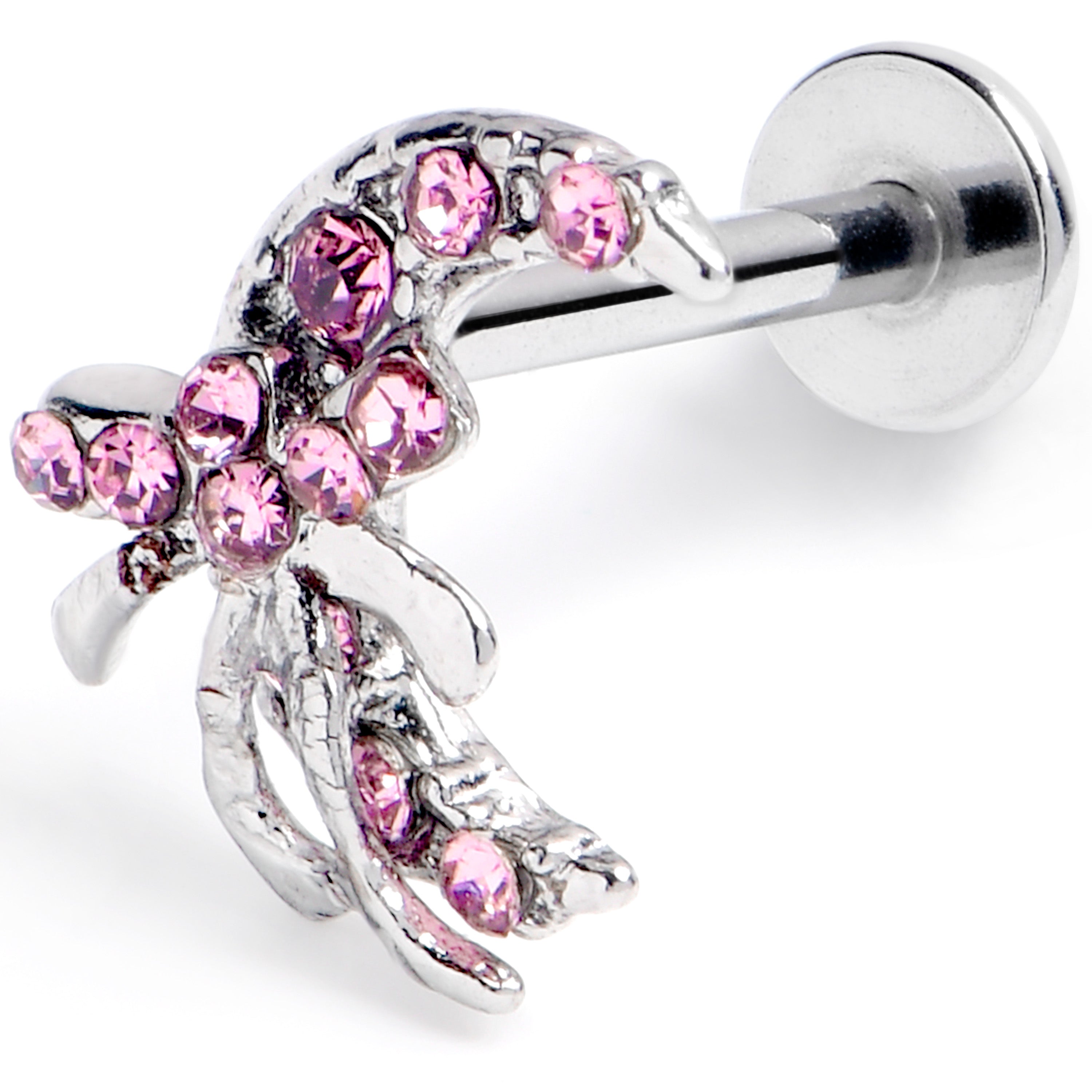 16 Gauge 5/16 Pink CZ Gem Bow Moon Labret Monroe Tragus