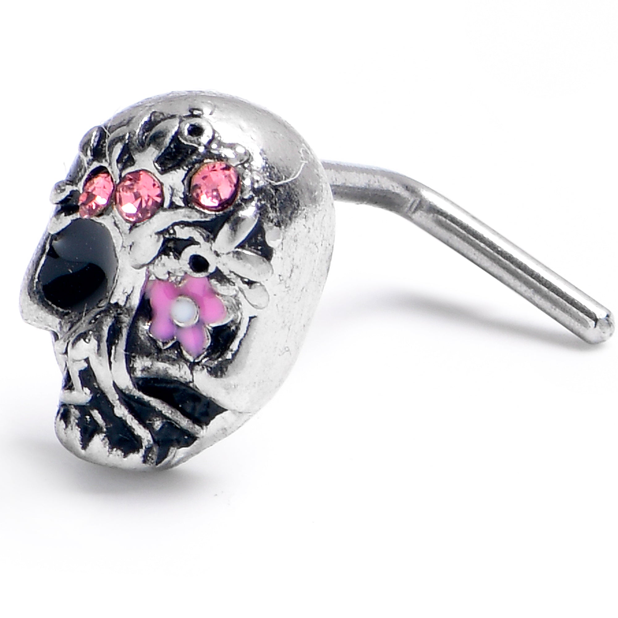 20 Gauge 7mm Pink CZ Gem Stylish Skull L Shape Nose Ring