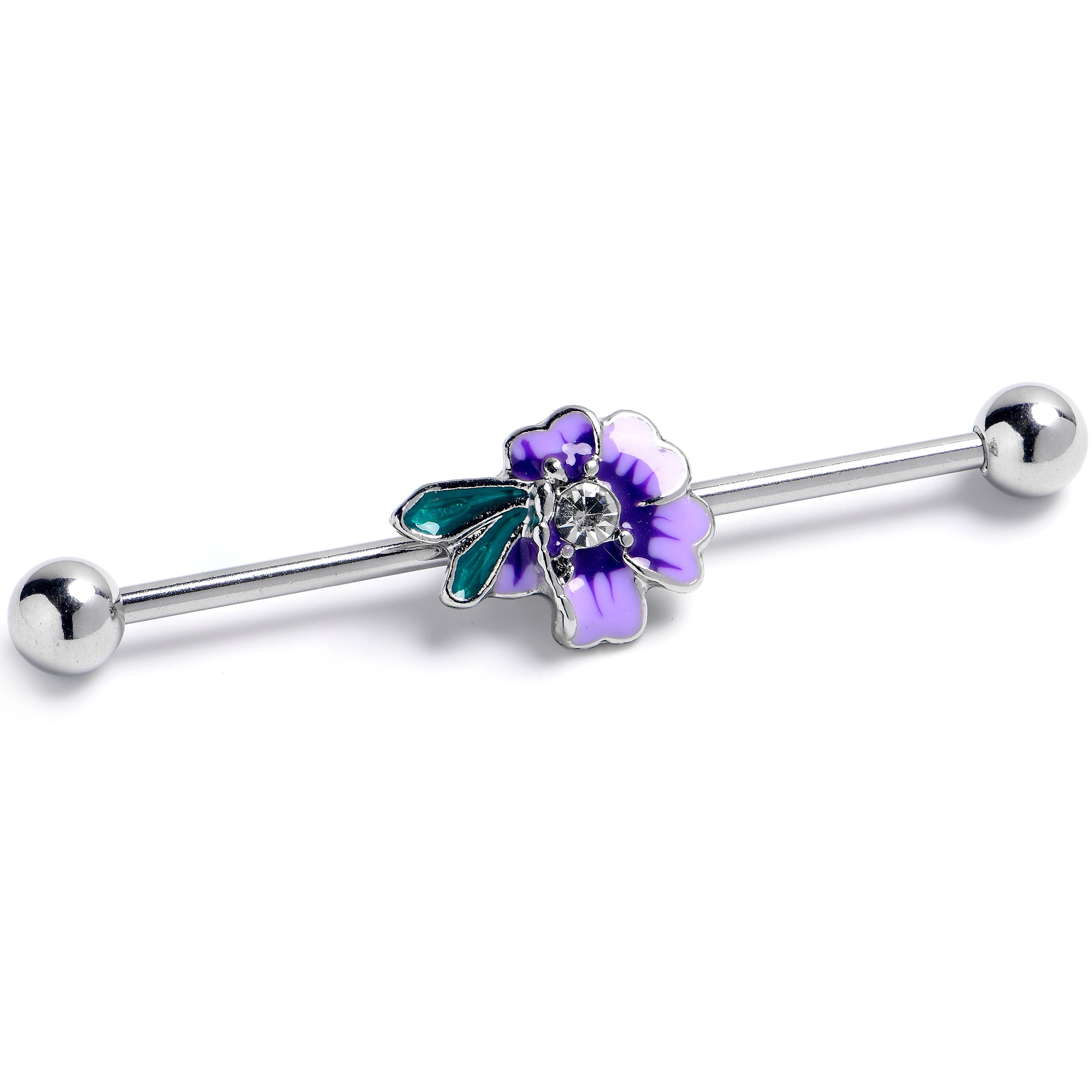 14 Gauge Clear Gem Faerie Flower Purple Industrial Barbell 38mm