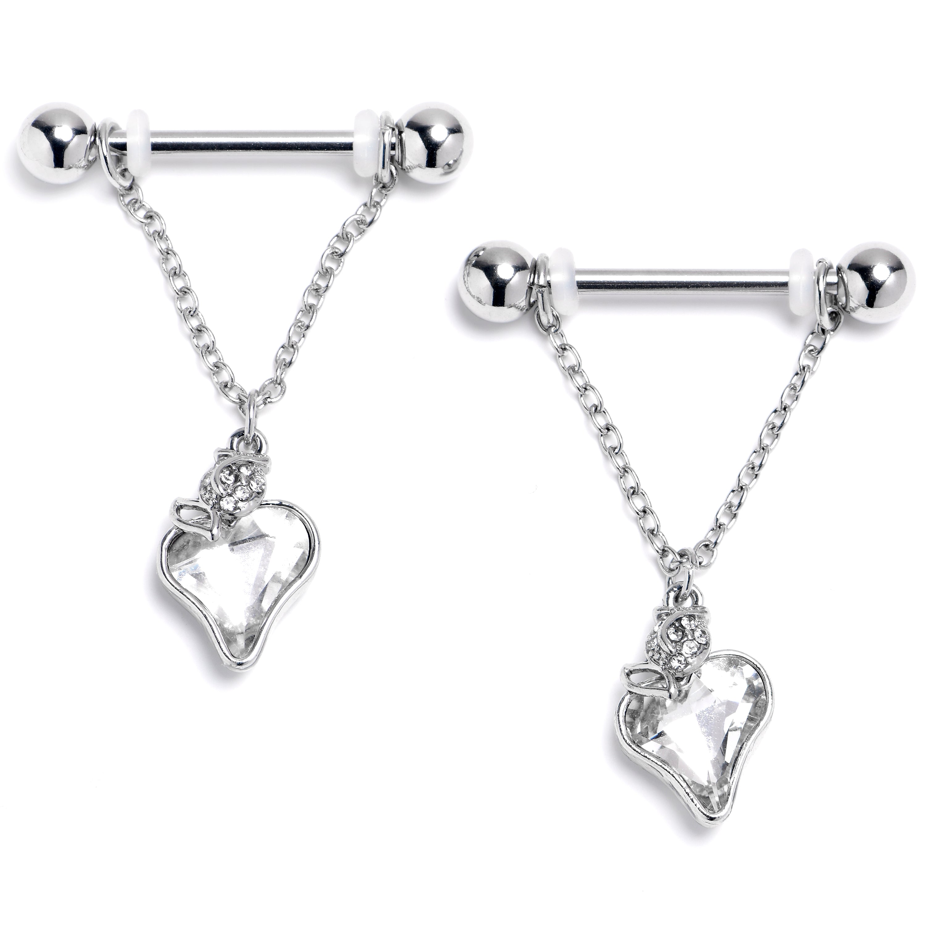 14 Gauge 9/16 Clear Gem Strawberry Love Chain Dangle Nipple Ring Set