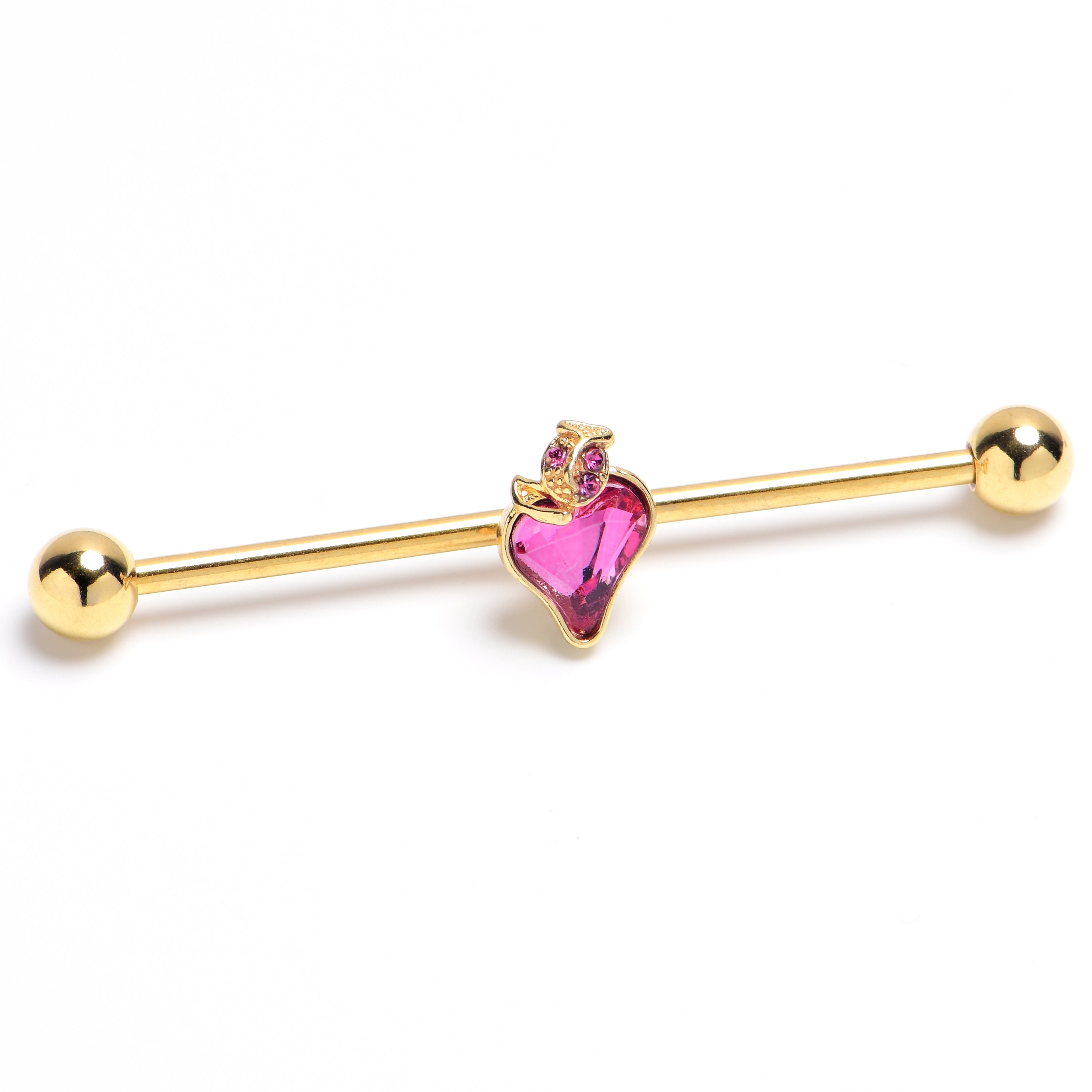 14 Gauge Pink Gem Gold Tone Strawberry Love Industrial Barbell 38mm