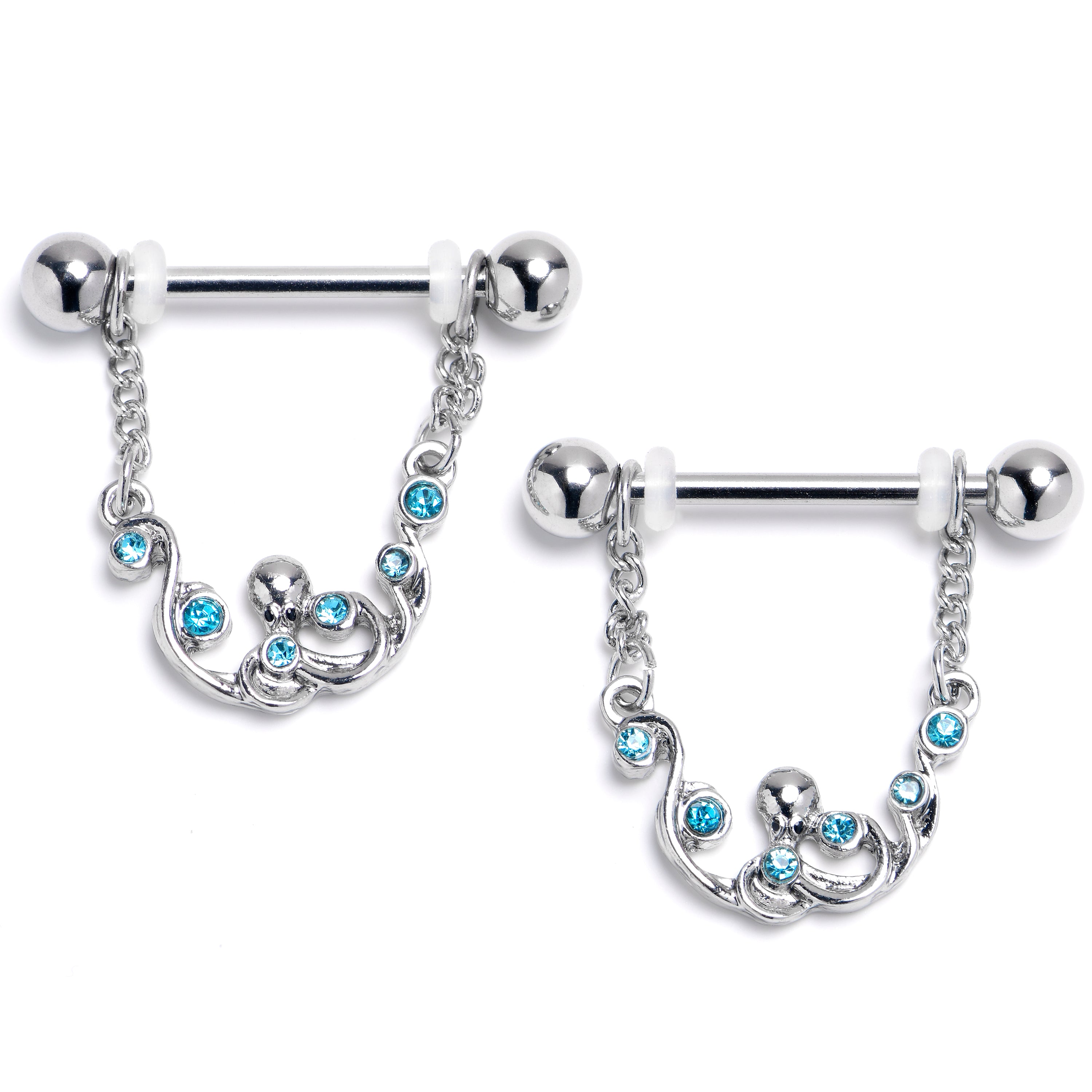 14 Gauge 9/16 Blue Gem Octopus Chain Dangle Nipple Ring Set