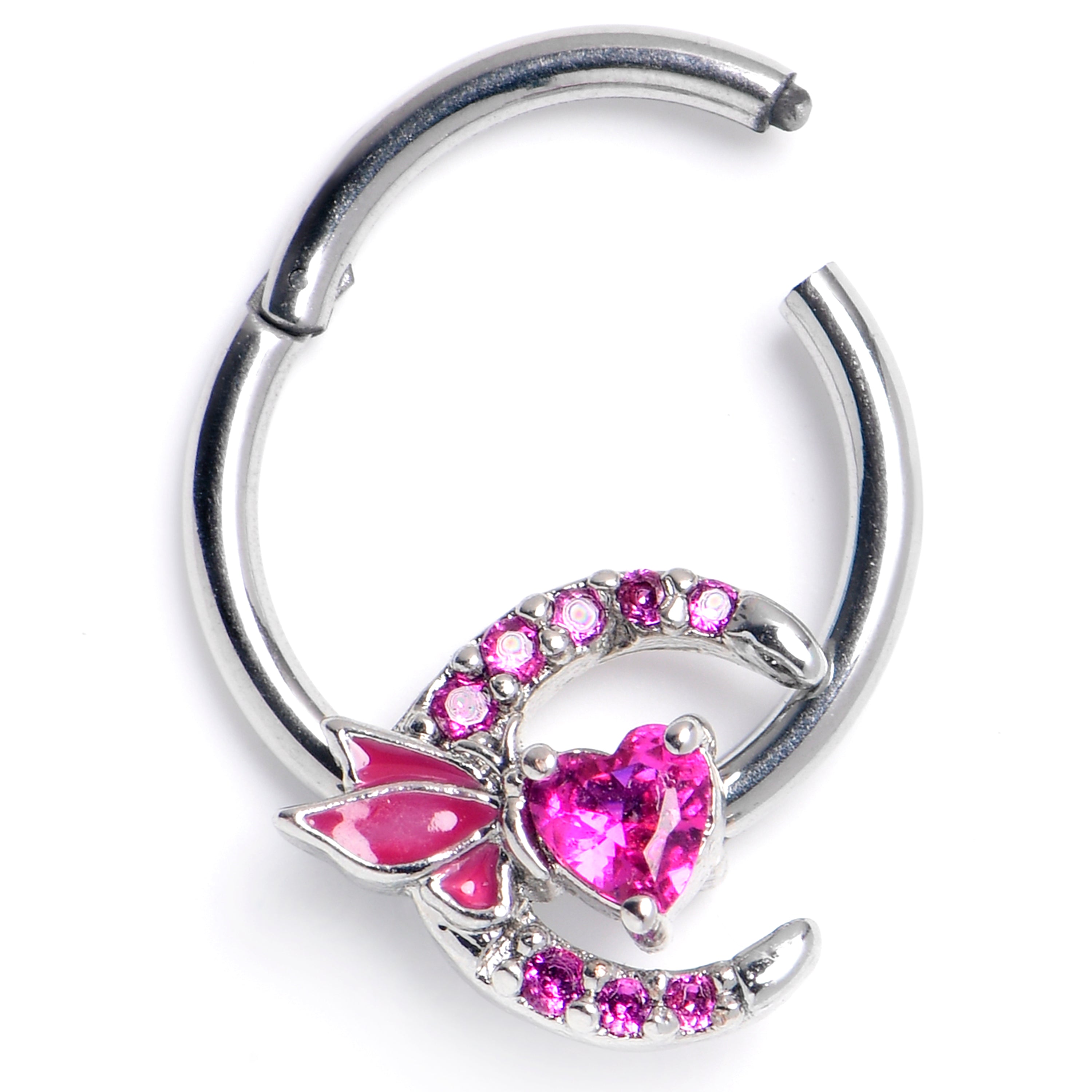 16 Gauge 3/8 Pink CZ Gem Butterfly Moon Heart Hinged Segment Ring