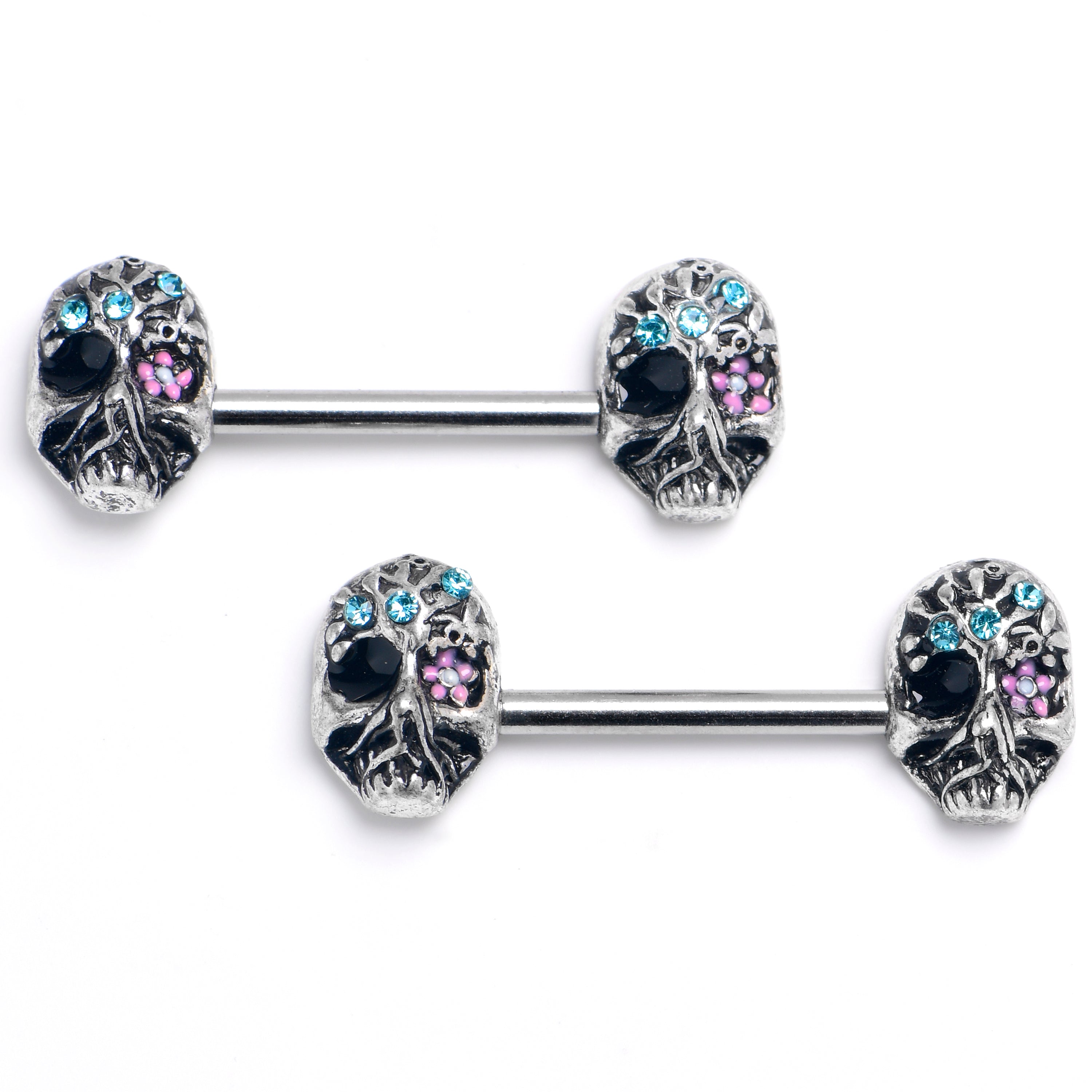 14 Gauge 9/16 Blue Gem Stylish Skull Barbell Nipple Ring Set