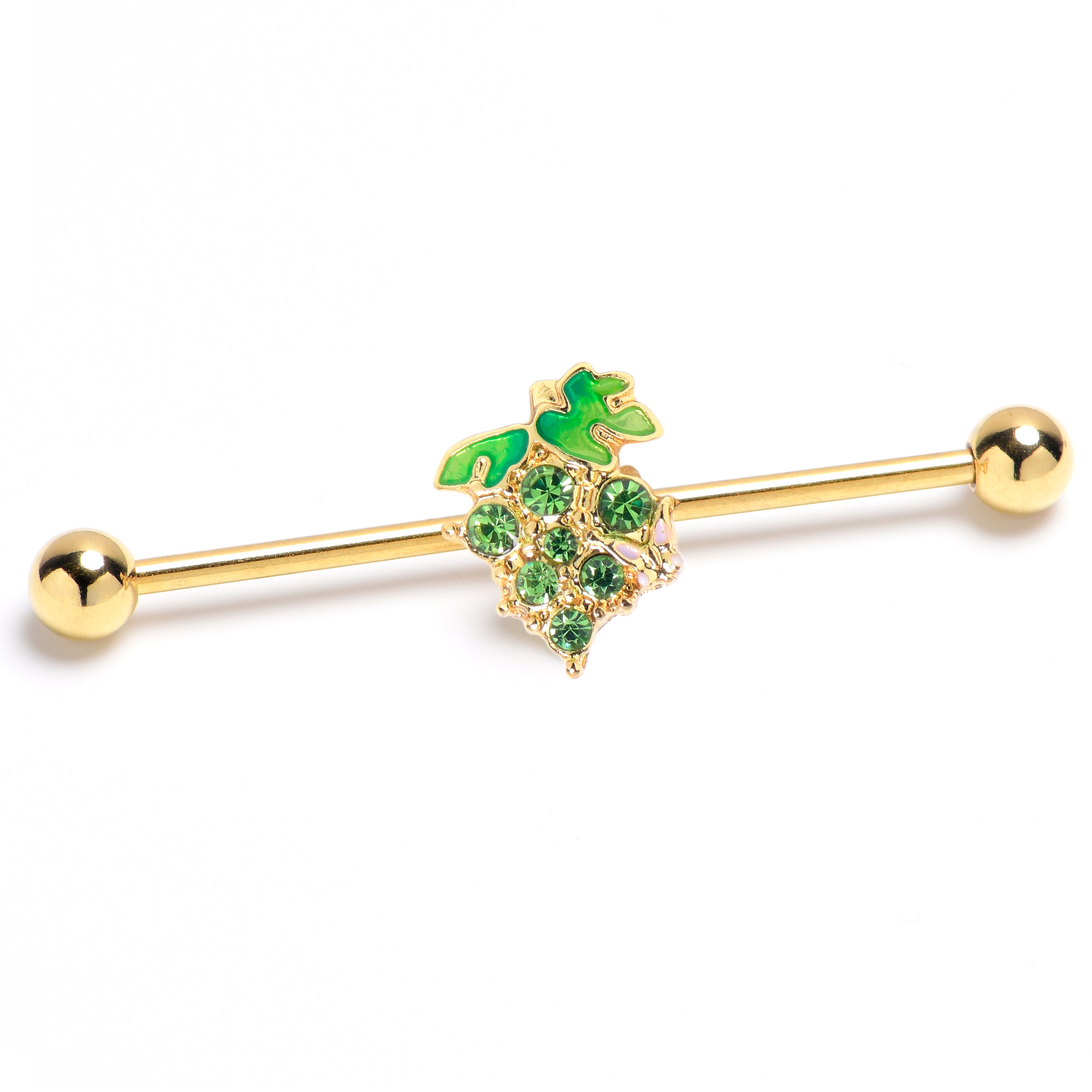 14 Gauge Green Gem Gold Tone Butterfly Grapes Industrial Barbell 38mm