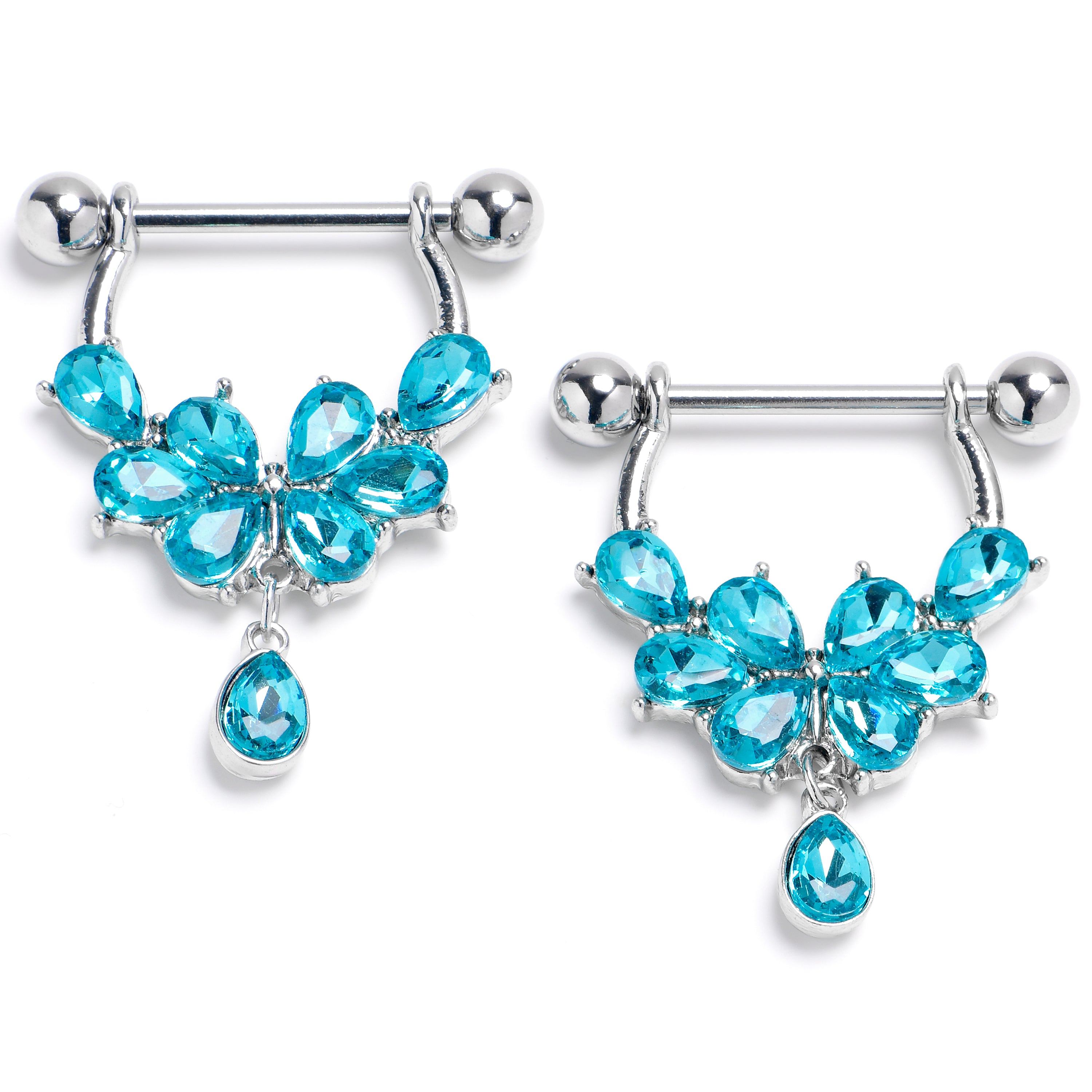 14 Gauge 9/16 Blue Gem Baroque Flower Bloom Dangle Nipple Ring Set