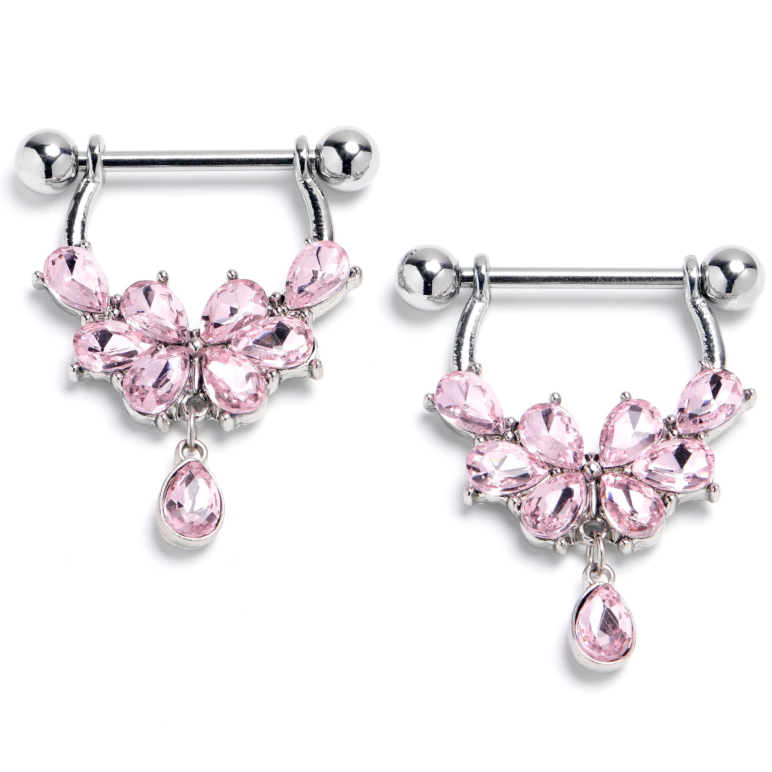 14 Gauge 9/16 Pink Gem Baroque Flower Bloom Dangle Nipple Ring Set