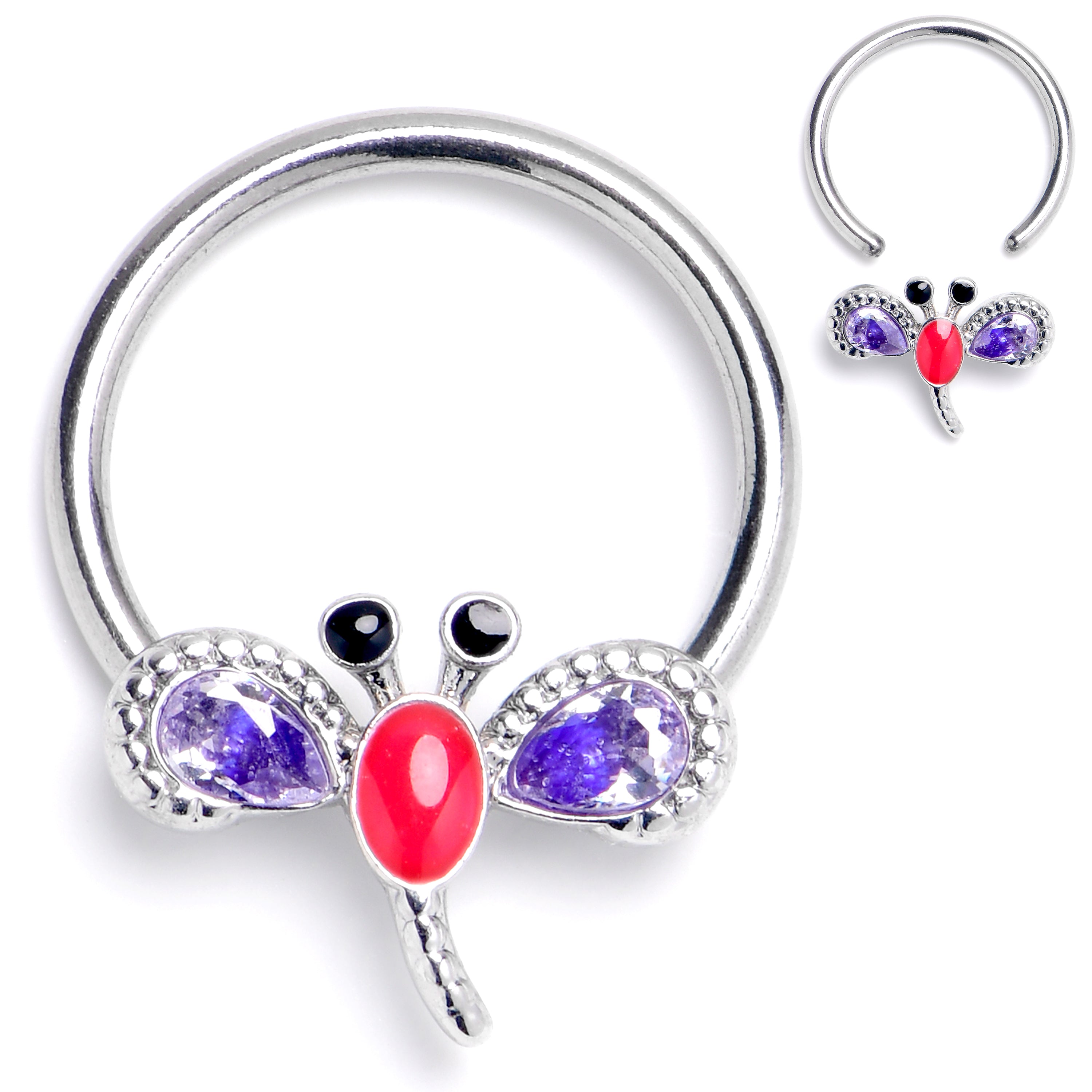 16 Gauge 3/8 Purple Gem Embellished Dragonfly BCR Captive Ring