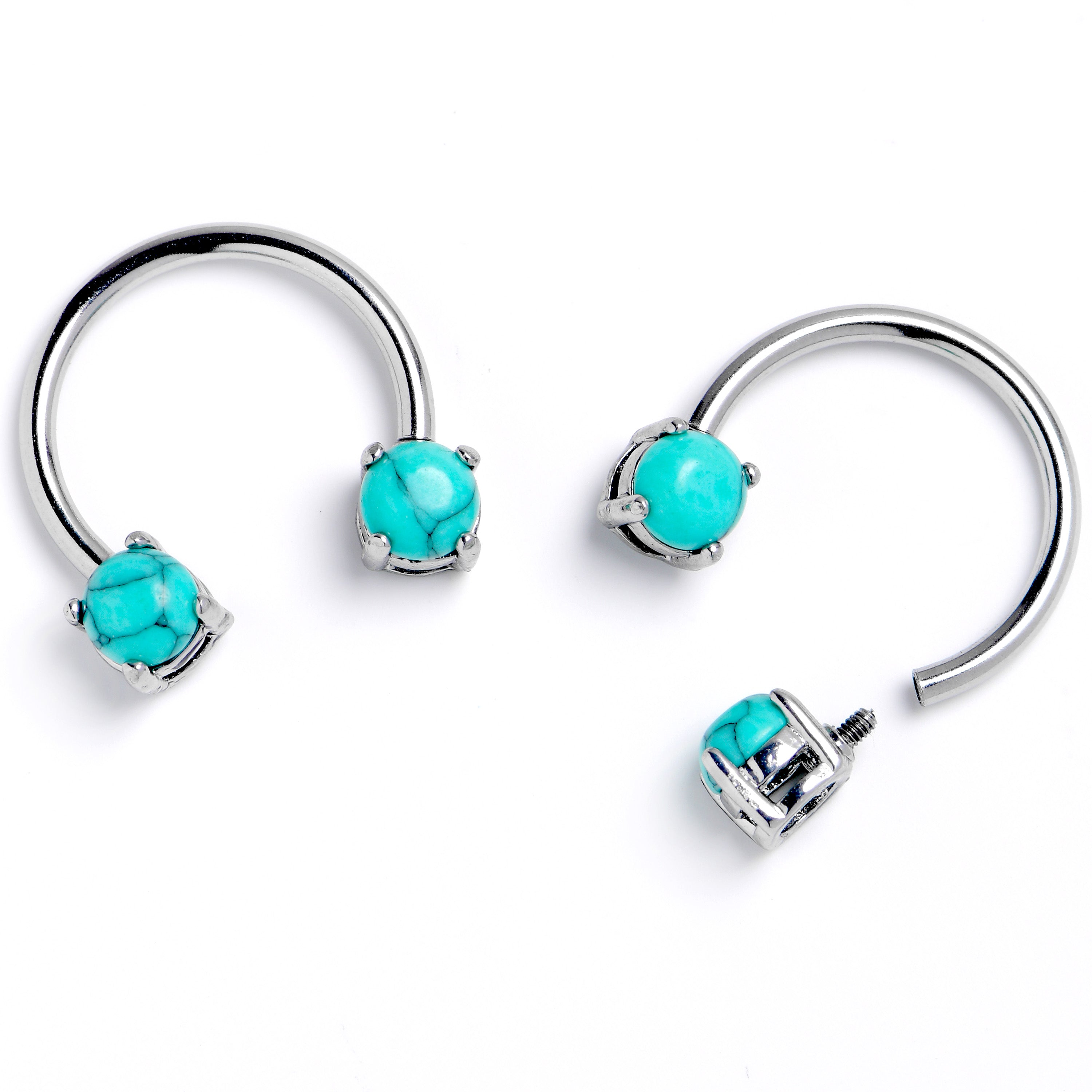 14 Gauge 9/16 Blue Faux Turquoise Internally Threaded Horseshoe Nipple Ring Set