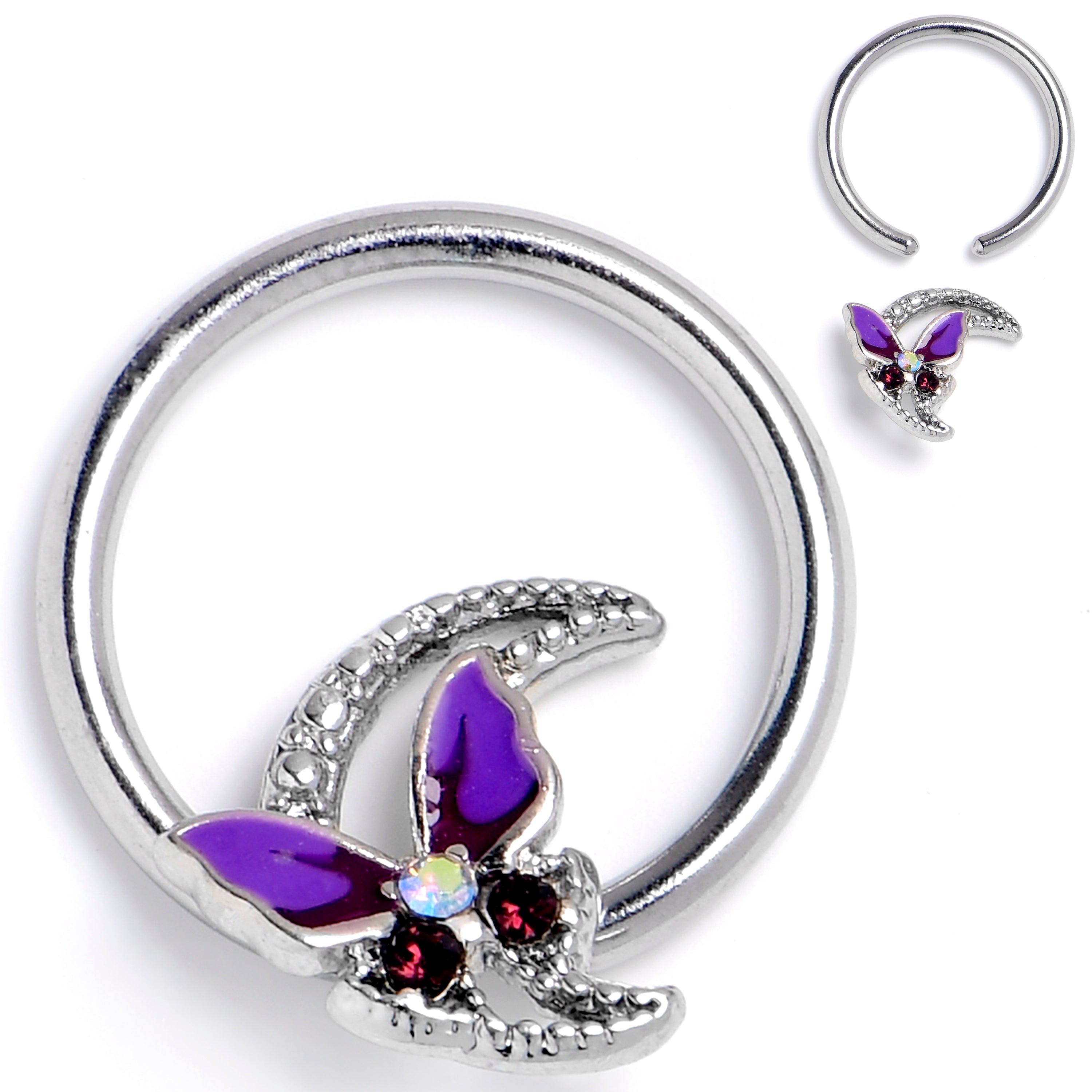 16 Gauge 3/8 Aurora Gem Butterfly Purple Beauty BCR Captive Ring