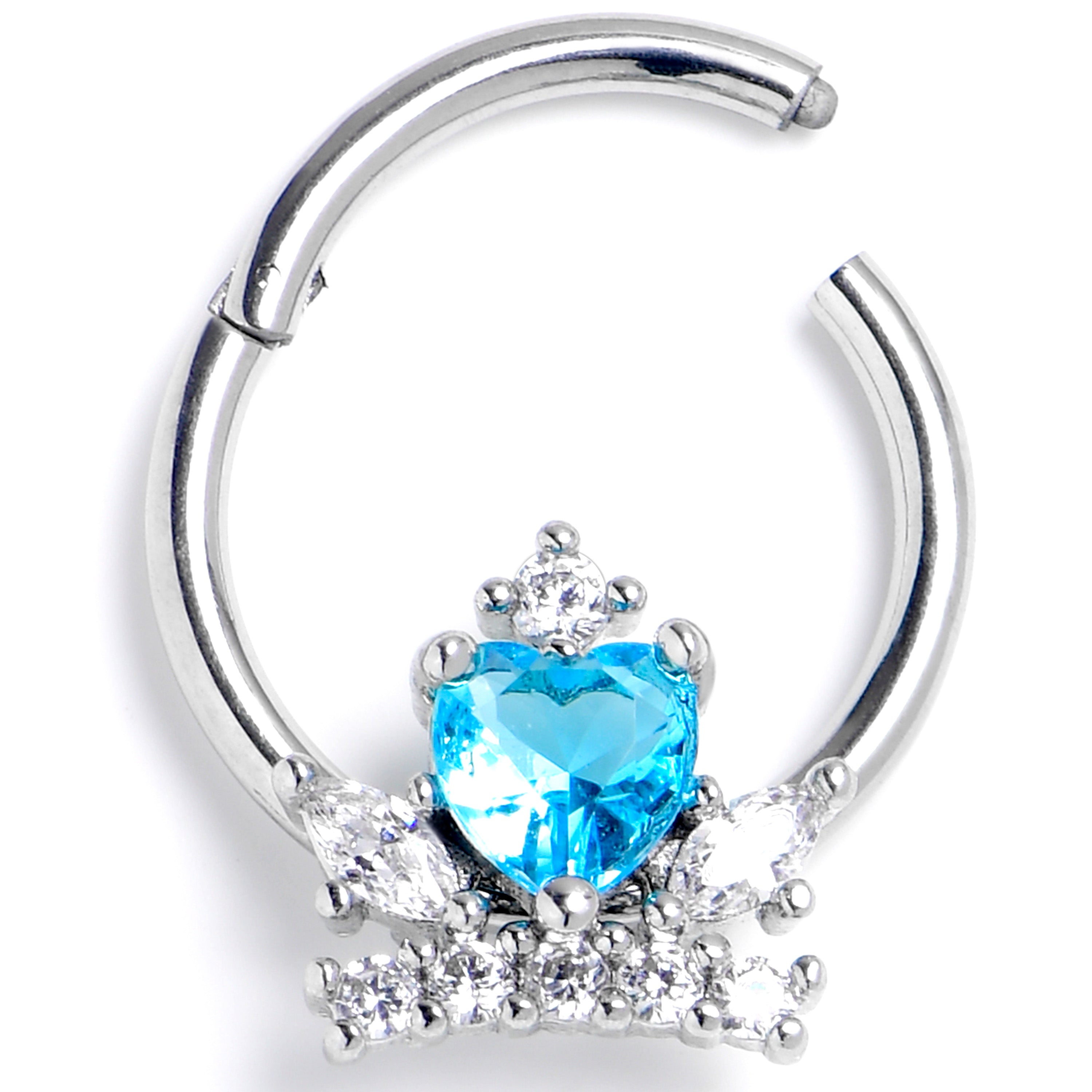 16 Gauge 3/8 Blue Clear Gem Heart Crown Hinged Segment Ring