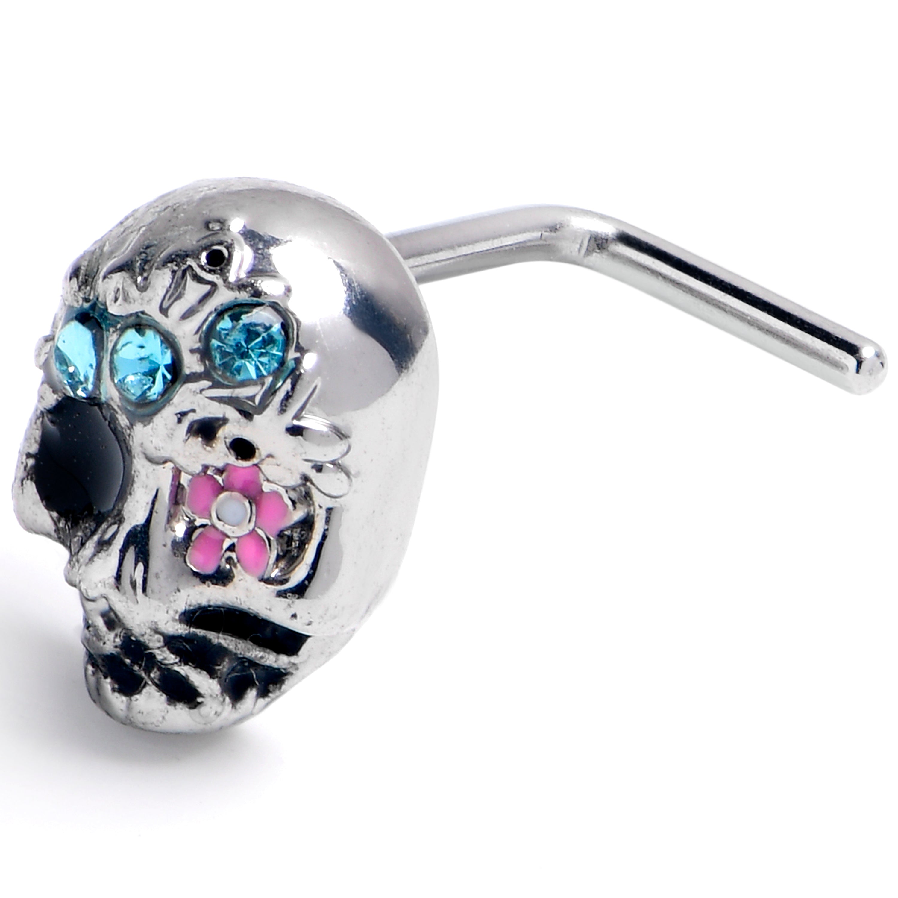 20 Gauge 7mm Blue Gem Stylish Skull L Shape Nose Ring