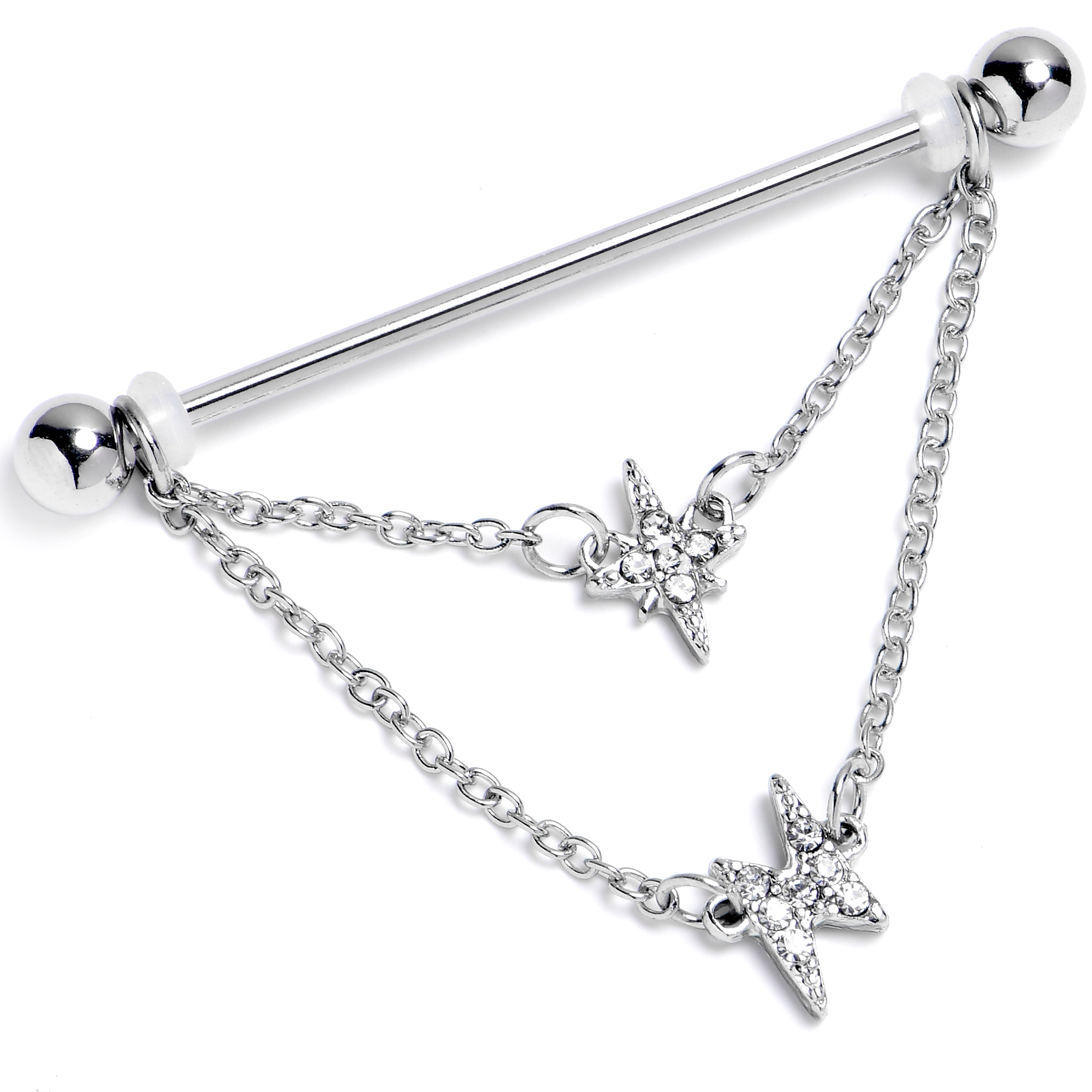 14 Gauge Clear Gem Starry Lightning Chain Dangle Industrial Barbell 38mm