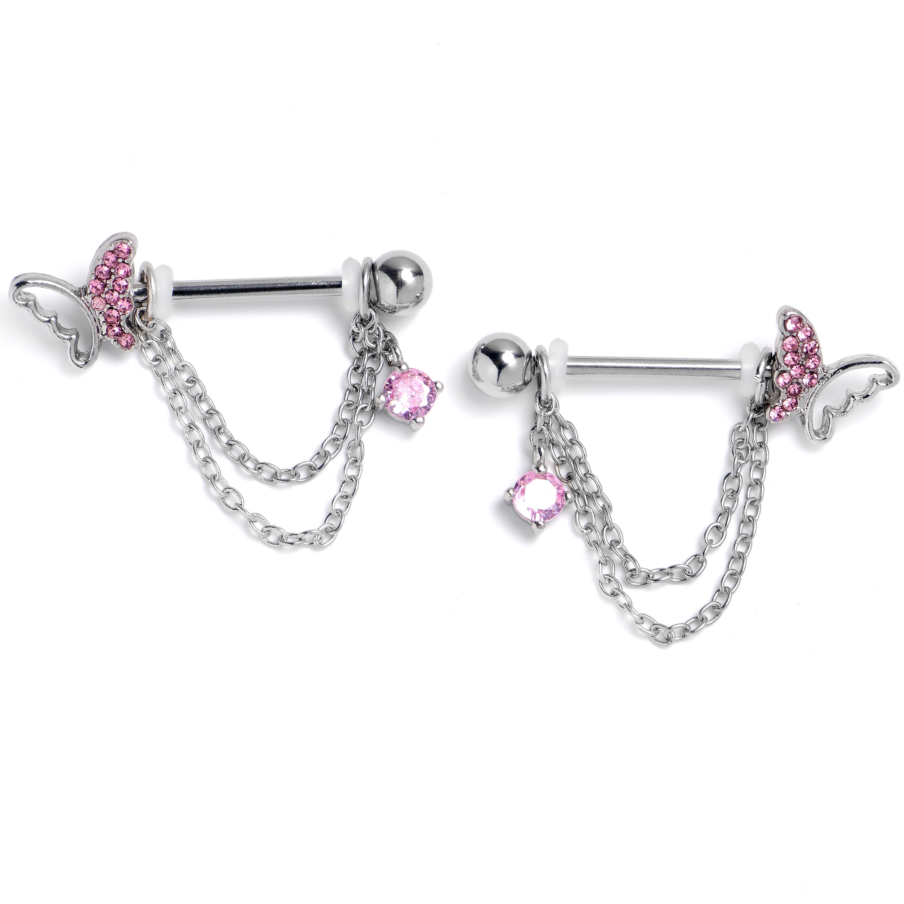 14 Gauge 9/16 Pink Gem Butterfly White Dangle Nipple Ring Set