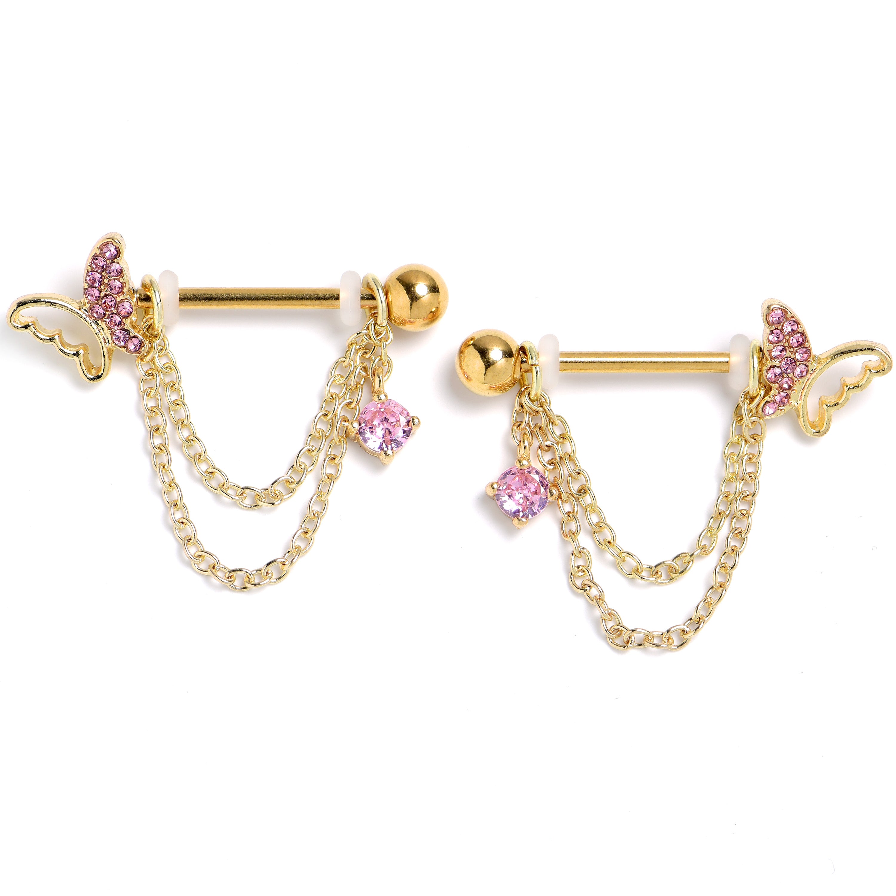 14 Gauge 9/16 Pink Gem Gold Tone Butterfly White Dangle Nipple Ring Set