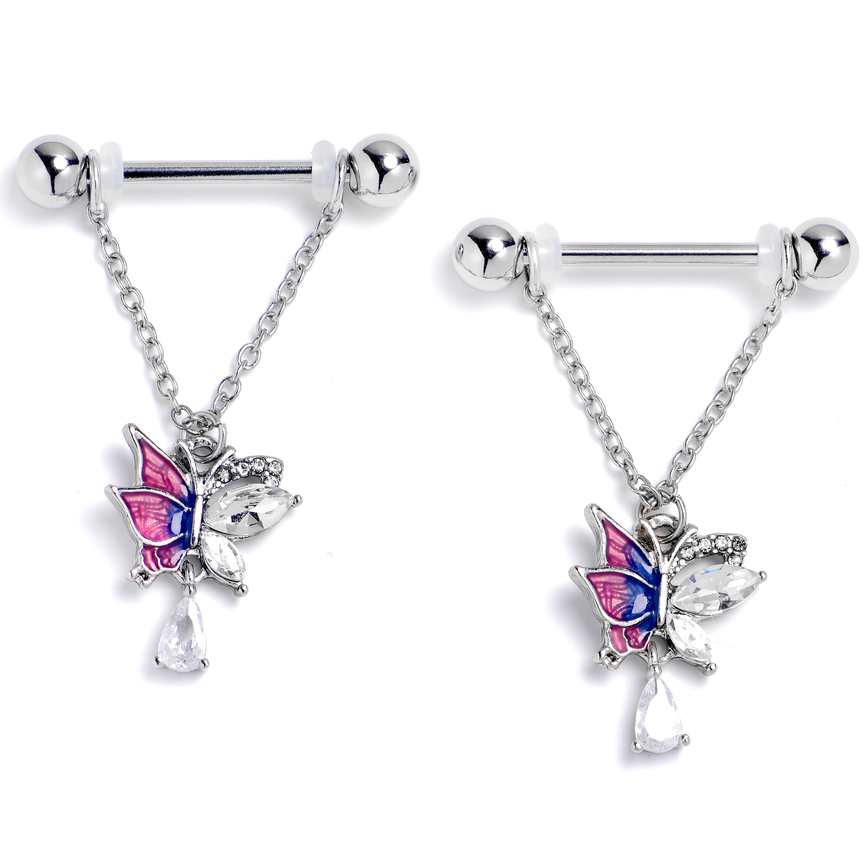 14 Gauge 9/16 Clear Gem Dazzling Butterfly Purple Dangle Nipple Ring Set