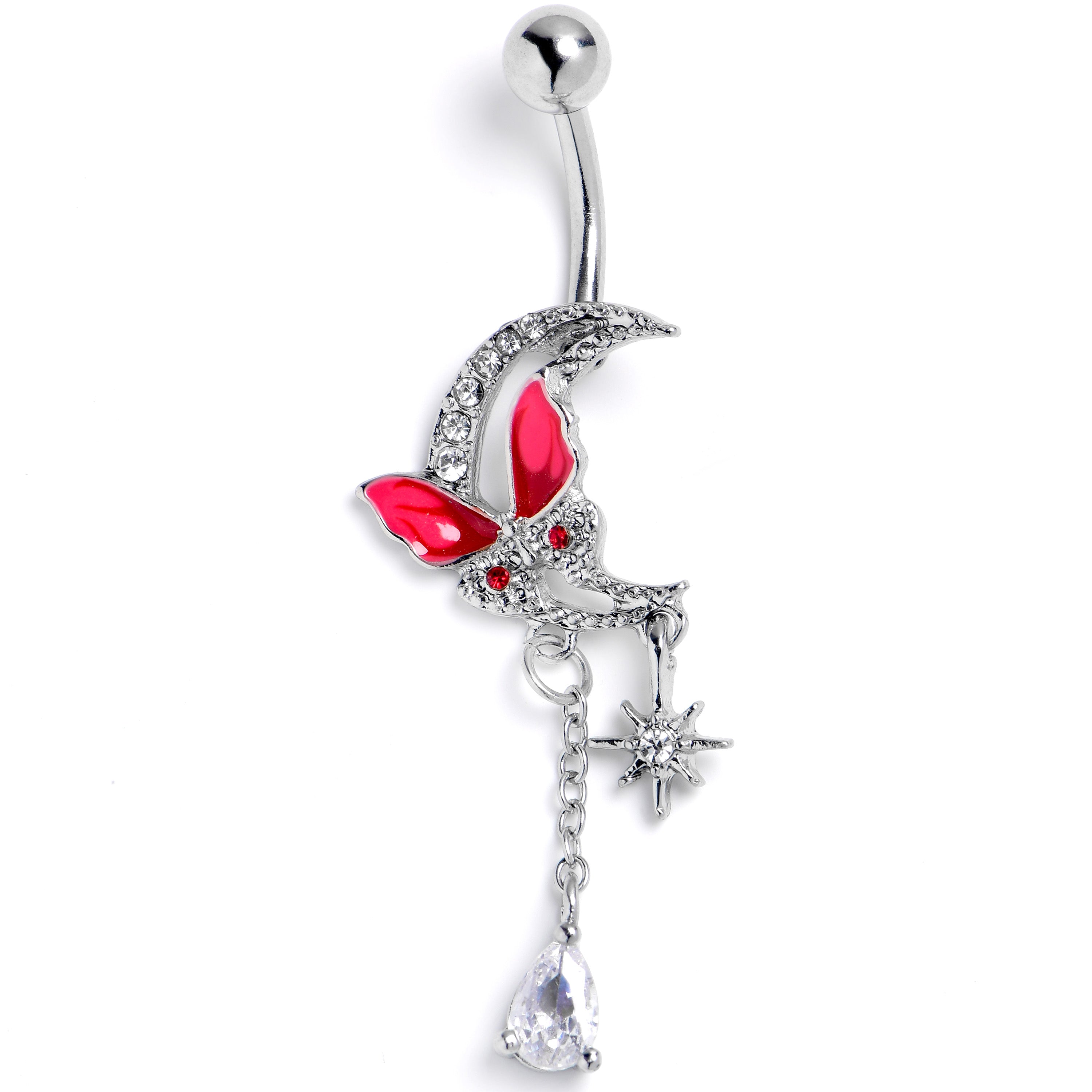 Clear Gem Butterfly Pink Beauty Dangle Belly Ring