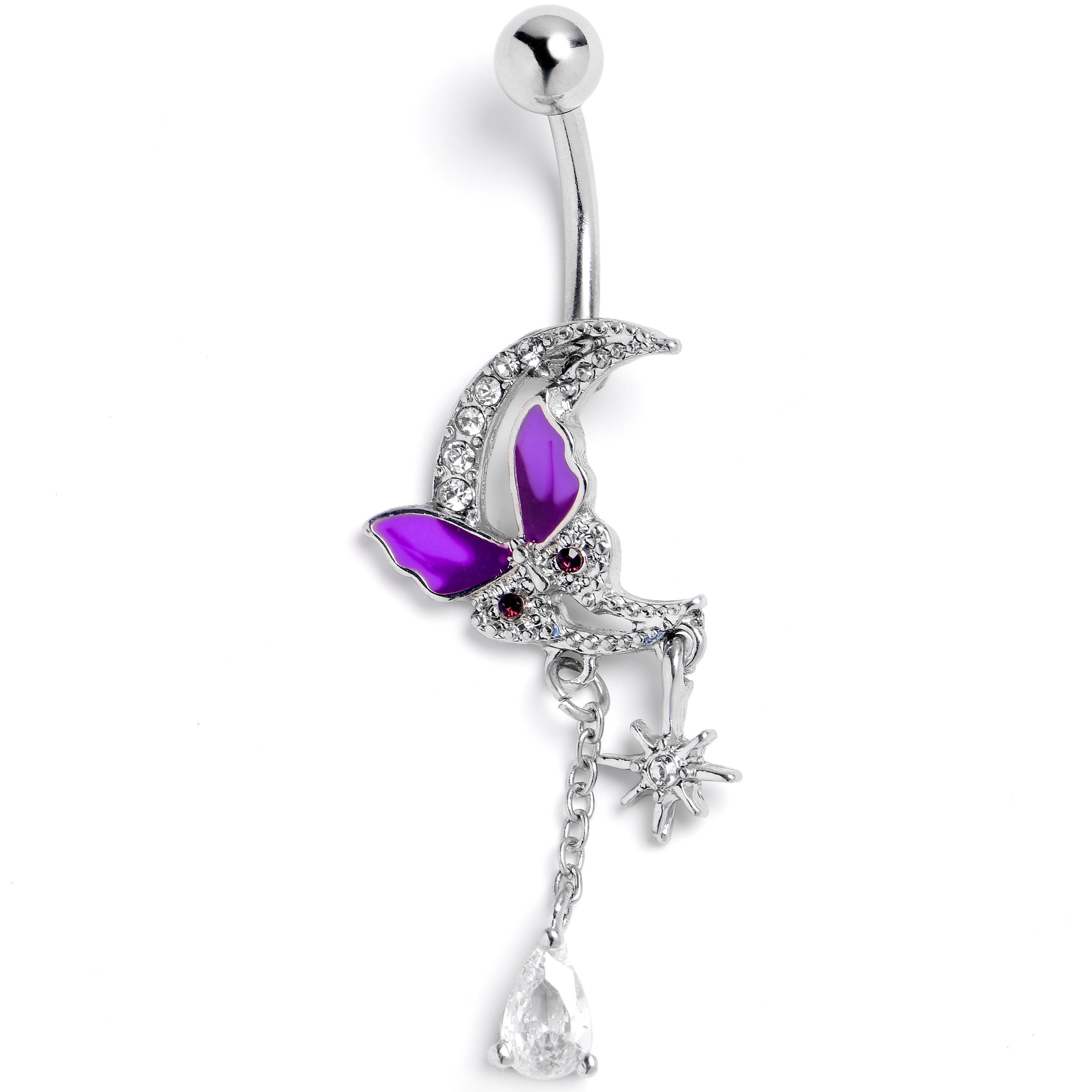 Clear Gem Butterfly Purple Beauty Dangle Belly Ring