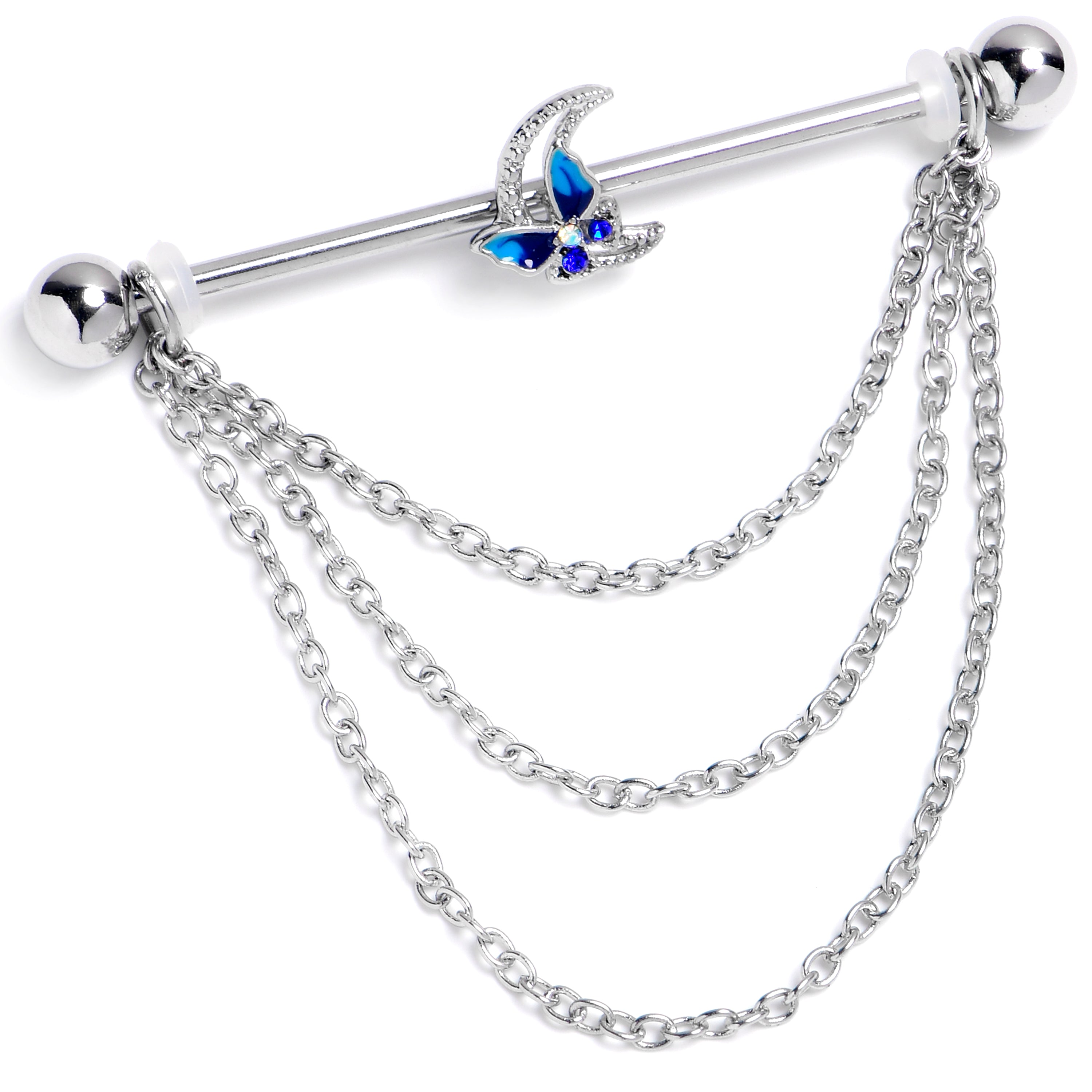 14 Gauge Aurora Gem Butterfly Blue Beauty Dangle Industrial Barbell 38mm