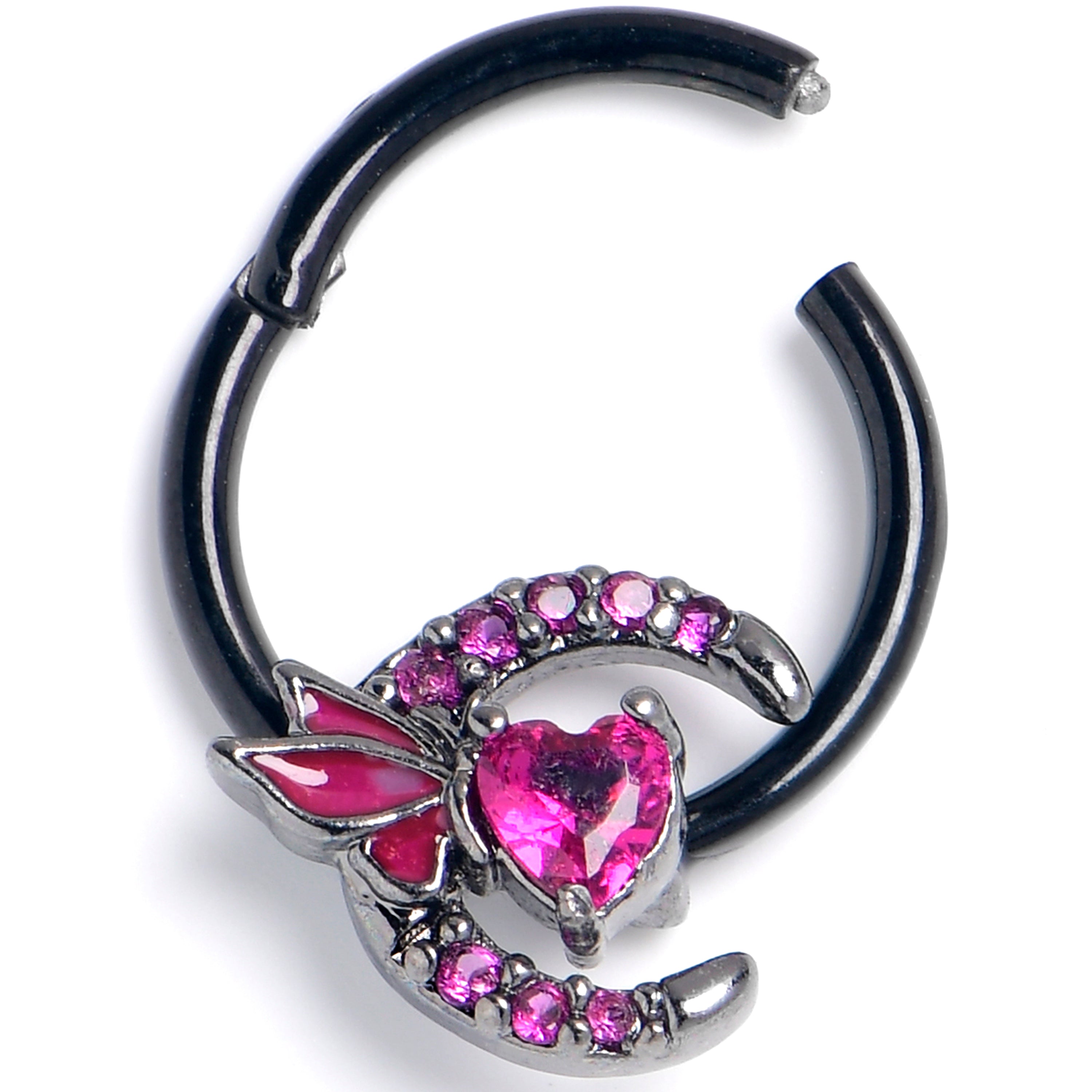 16 Gauge 3/8 Pink Gem Black Butterfly Heart Moon Hinged Segment Ring