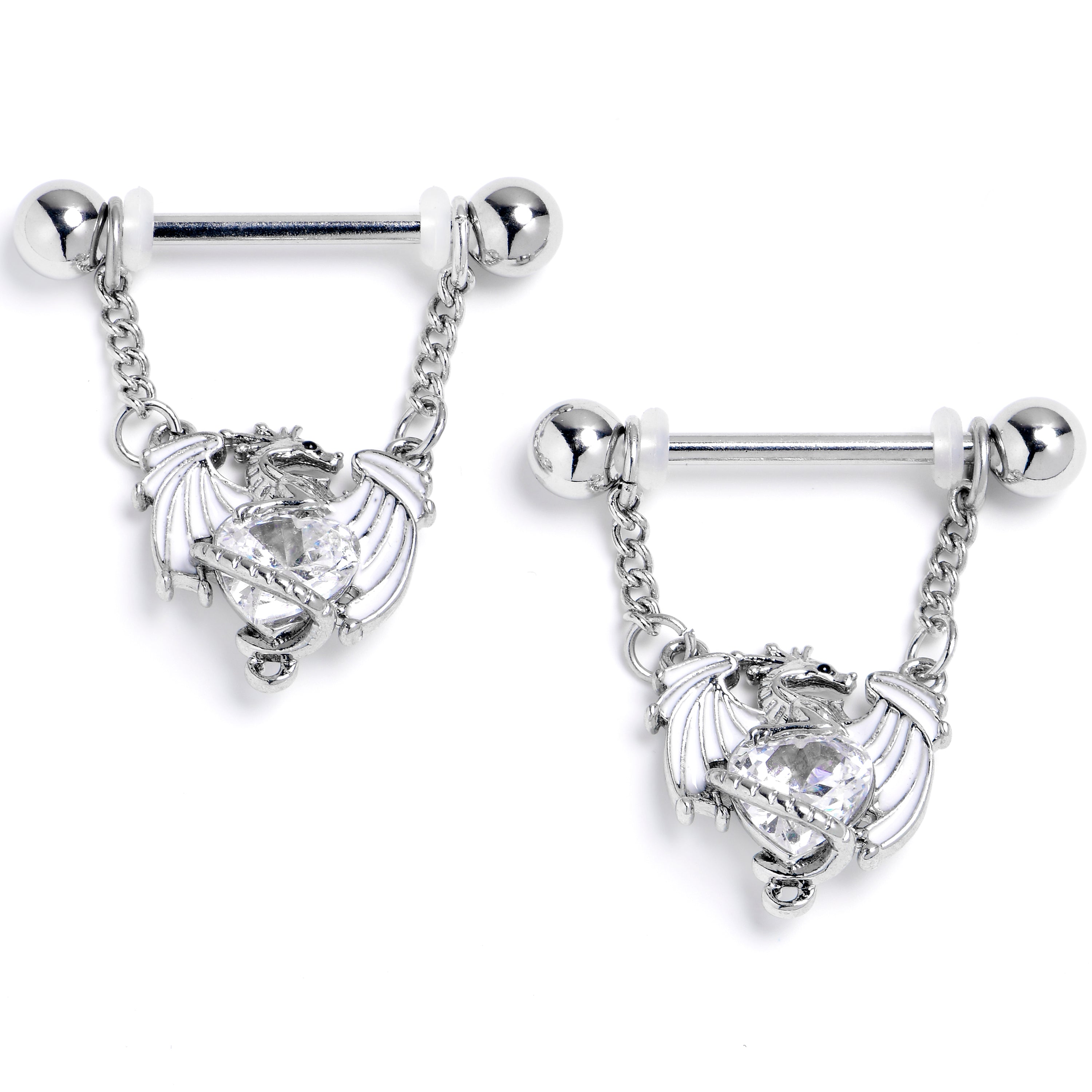 14 Gauge 9/16 Clear CZ Gem Heart of Dragon Dangle Nipple Ring Set