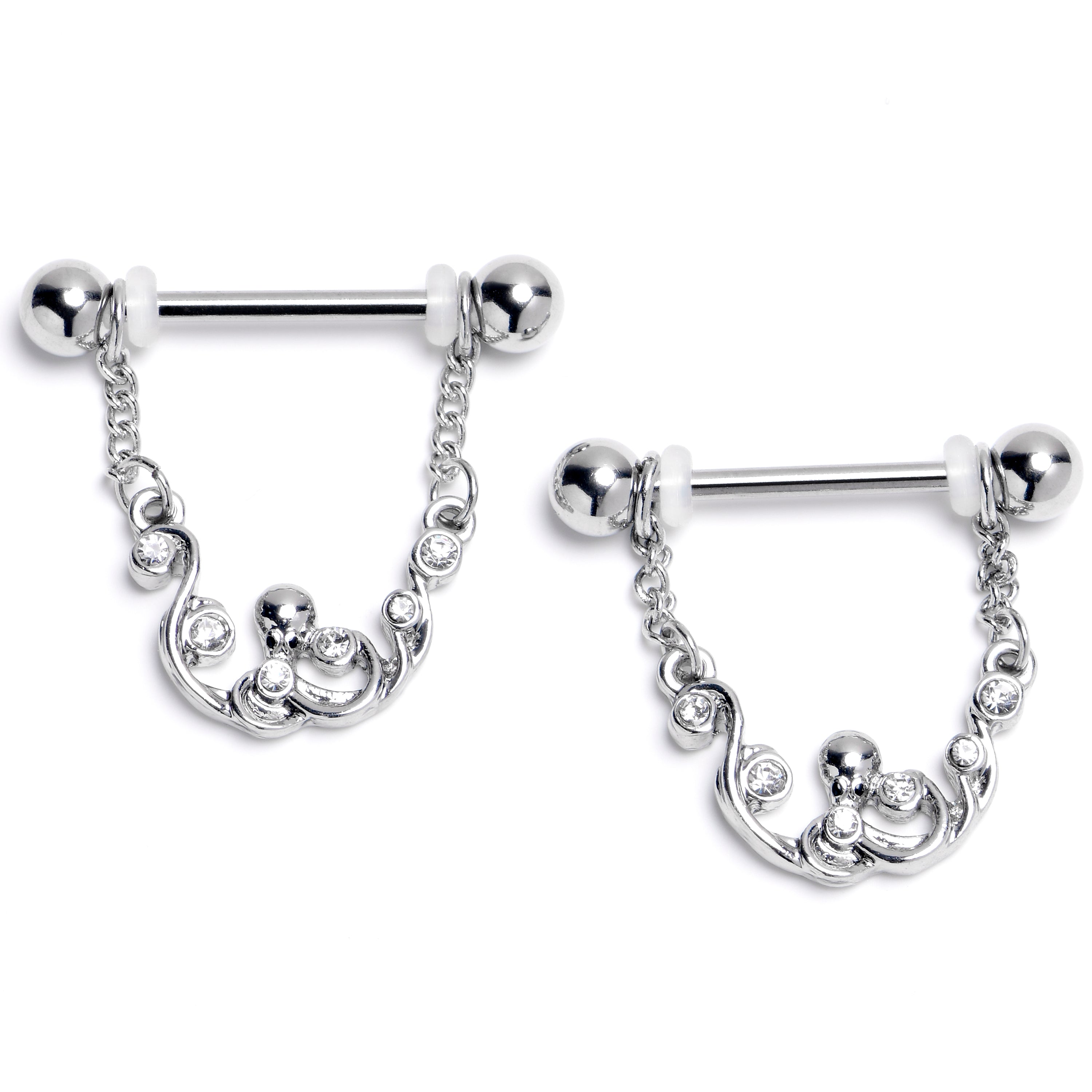 14 Gauge 9/16 Clear Gem Scrolling Elegance Dangle Nipple Ring Set